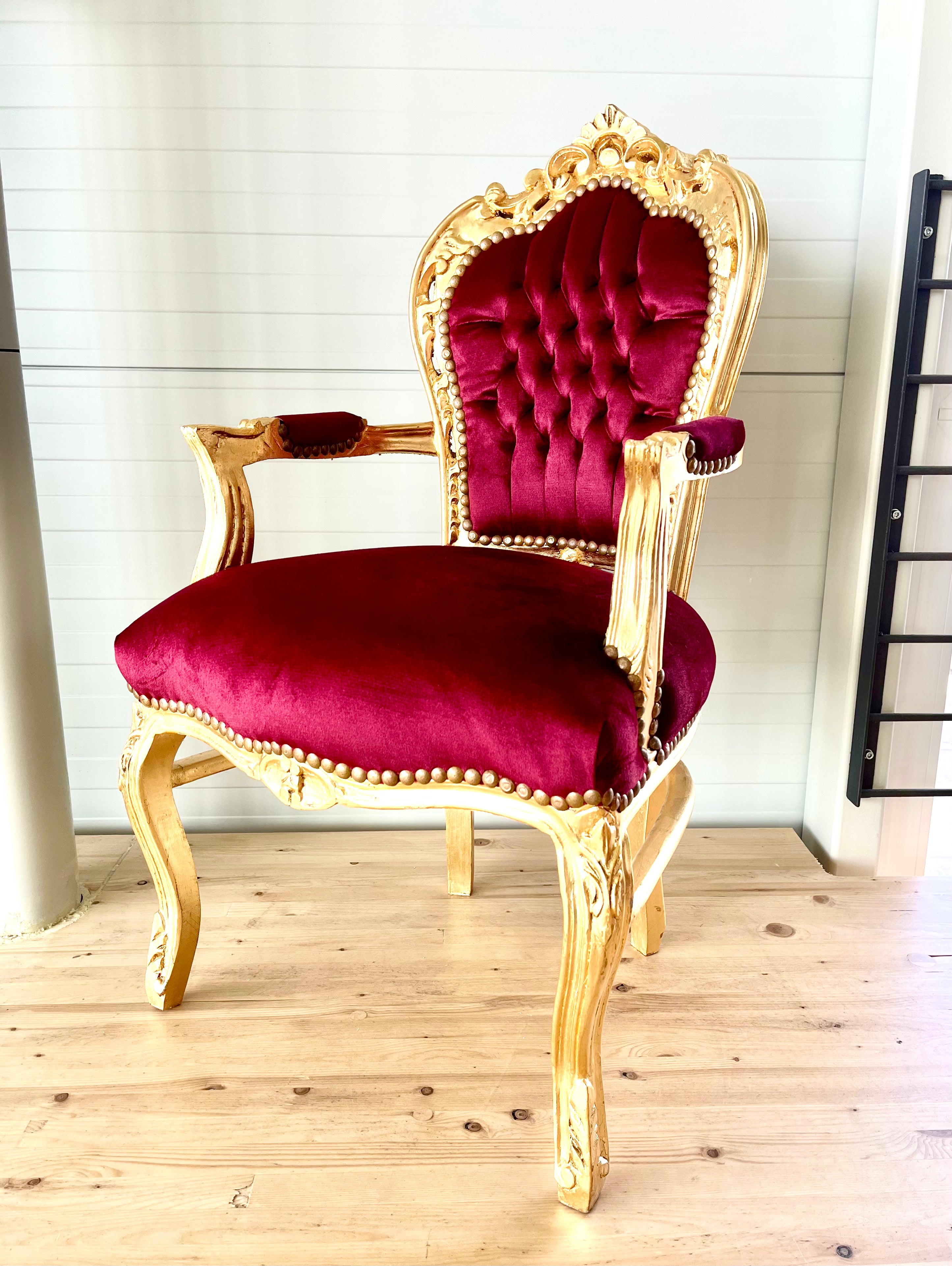 French Baroque Armchair Red Velvet  Gold Gilded Louis XV Chair For Holiday Decor