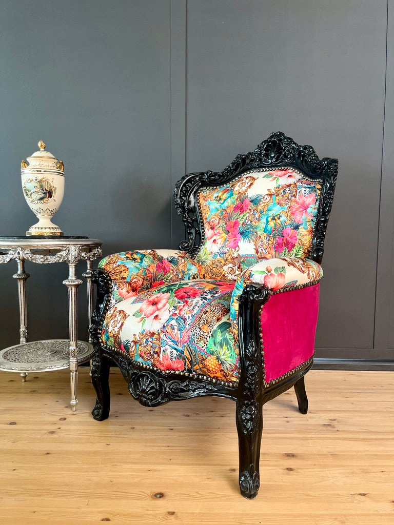 Stylish Baroque Armchair Chic Floral Print Italian Rococo Accent Lounge Chair
