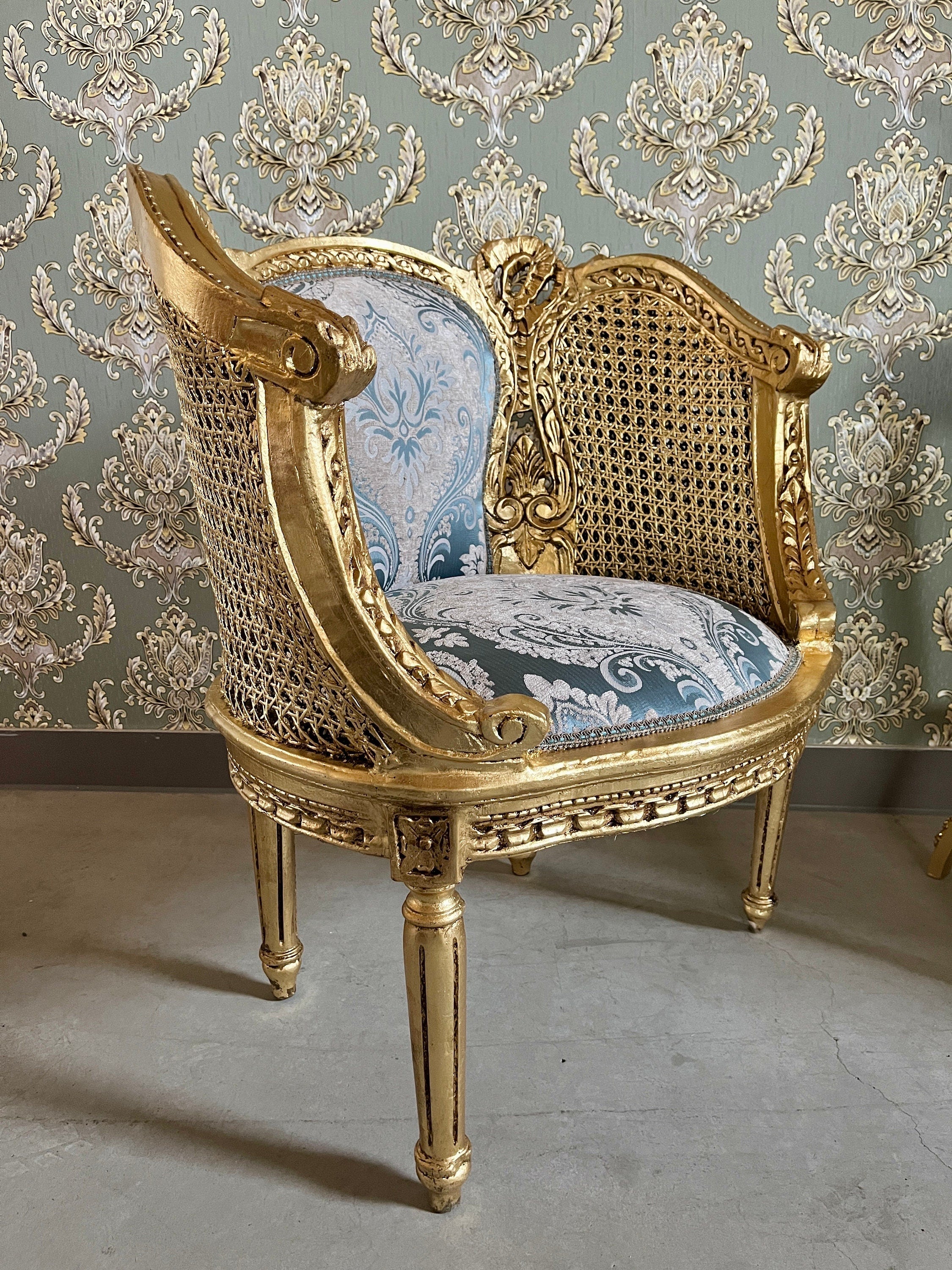Pair Set Armchair Blue Royal Baroque Rococo Antique Style Chair in Gold Finish Woven Mesh Armrest & Blue Velvet Fabric for Lounge Room Decor