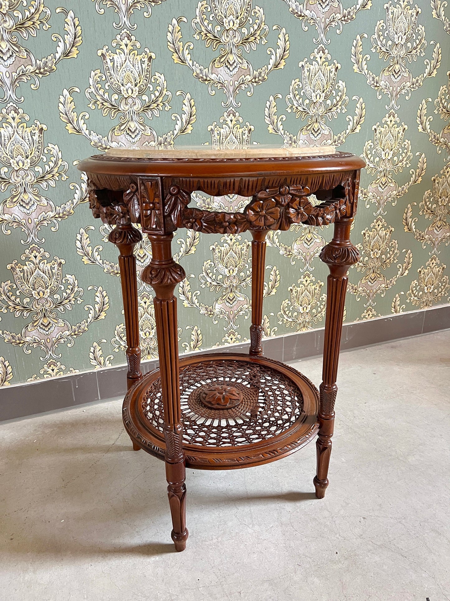 Side Table French Baroque Style with Beige Marble Top Coffee Side Table Antique Style Wooden Table for Home Decor
