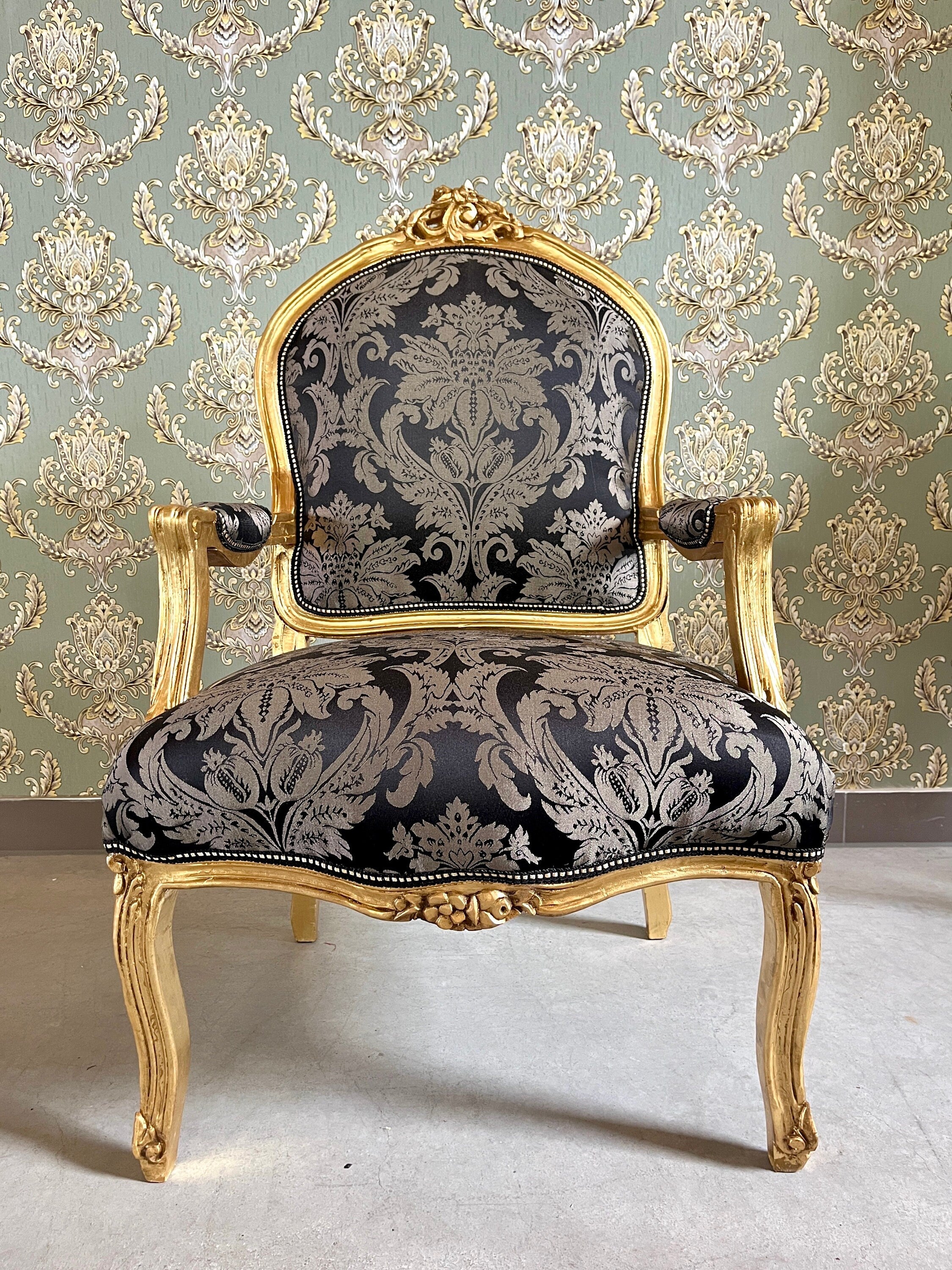 Rococo Louis XV Accent Armchair Black & Gold Floral Damask French Baroque Lounge Chair
