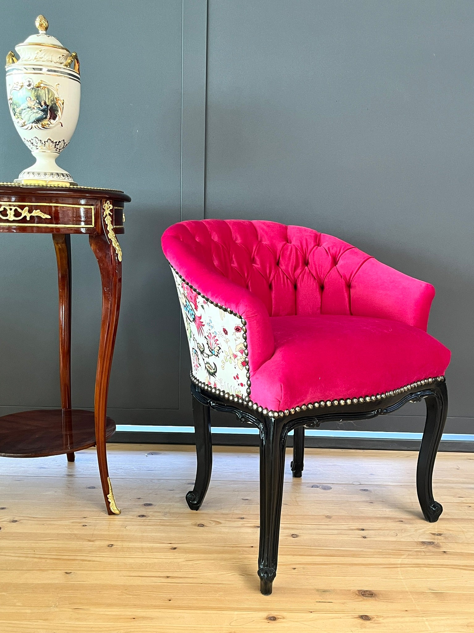 Fuchsia Velvet Cocktail Chair Jungle Print French Accent Armchair Tufted Glam Lounge Chair