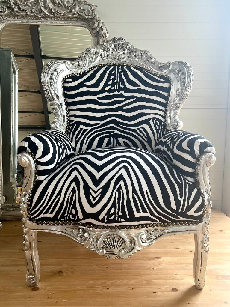 Baroque Accent Armchair Black Floral Chair French Salon Zebra Print Lounge Chair