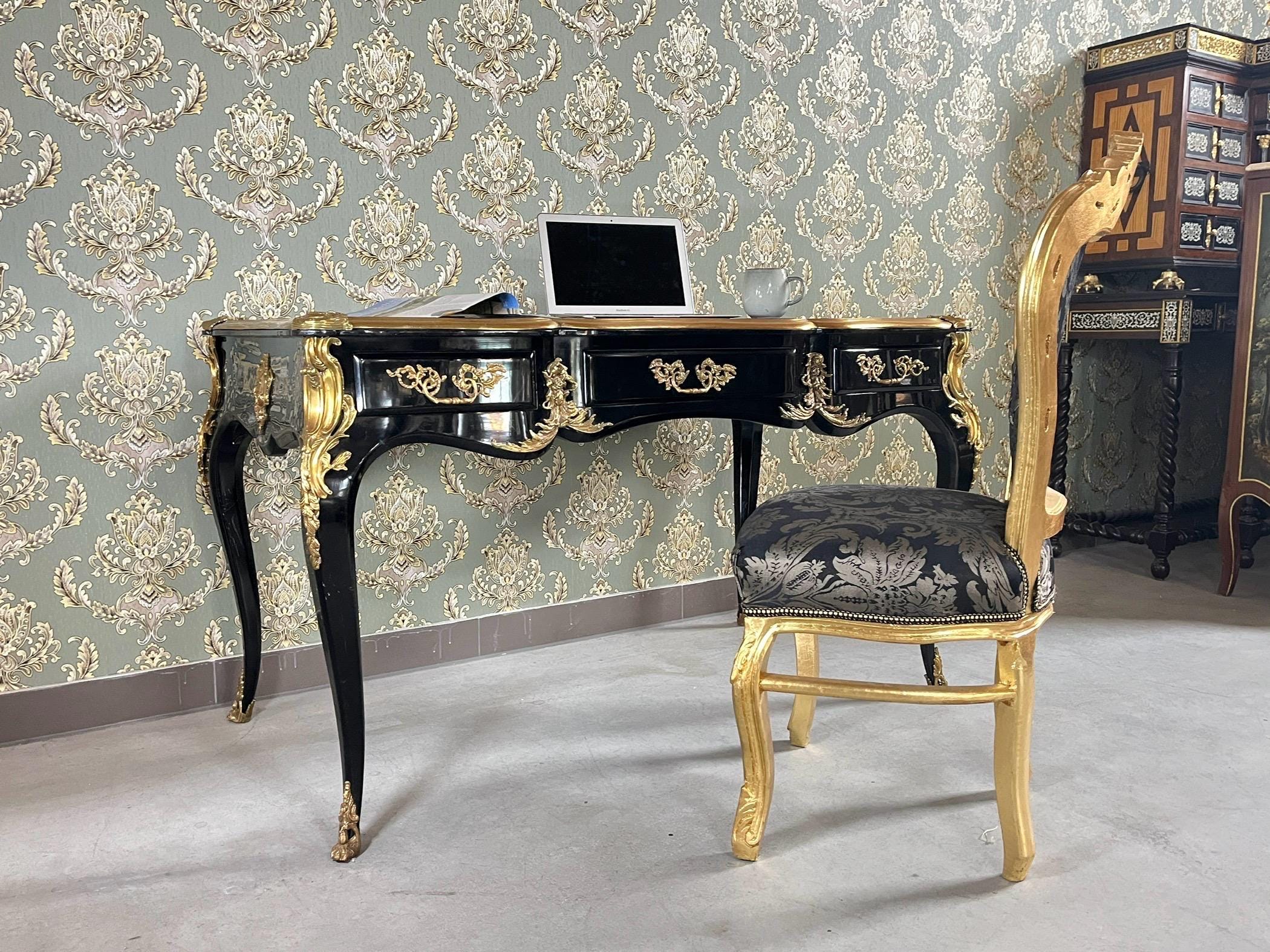 Luxurious Black Wooden Desk Antique Baroque Style Table with Bronze Ornaments at Edge Lacquered in Black - LIMITED EDITION