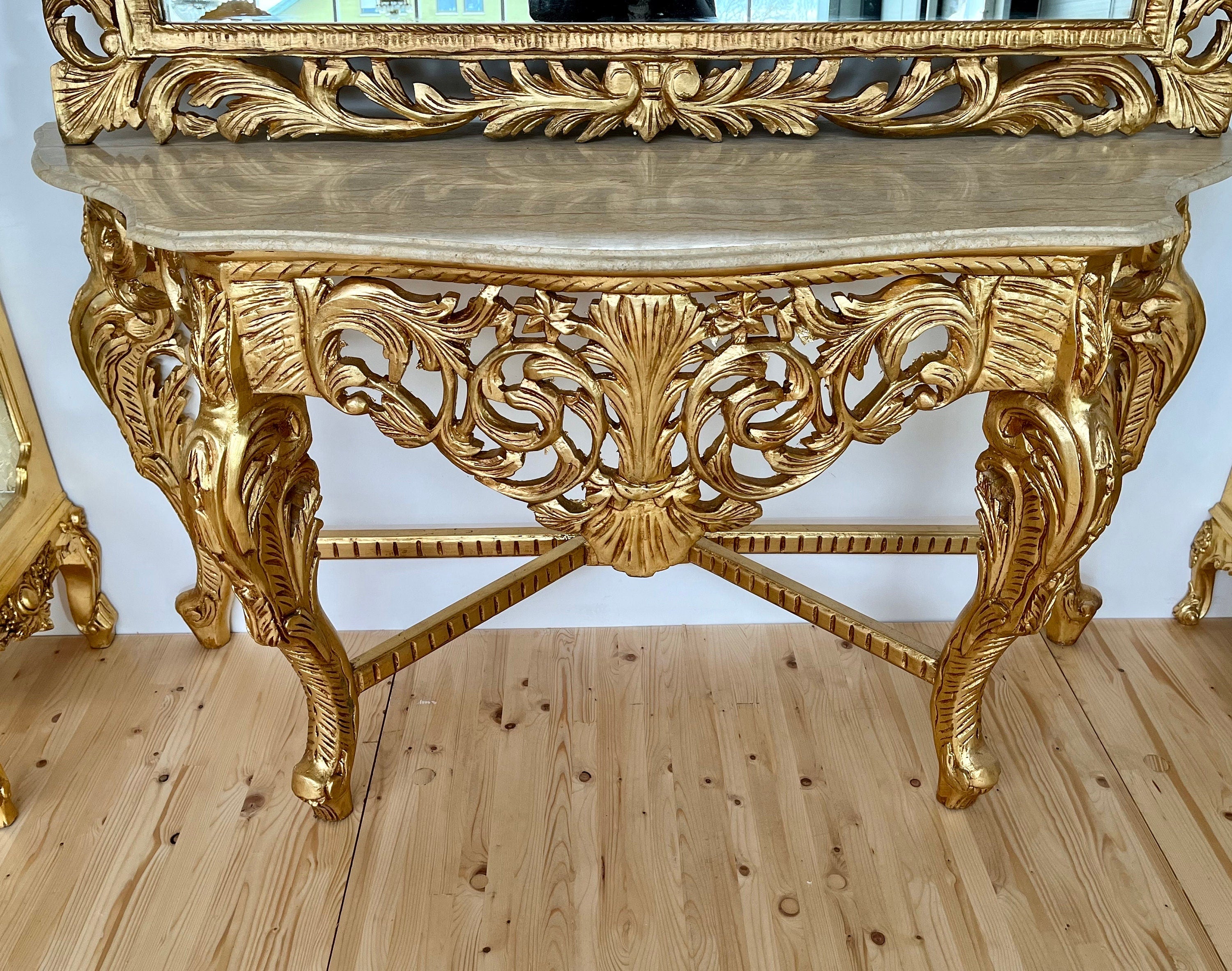 Rococo Accent Console Table & Square Mirror Antique Baroque With Beige Marble Top