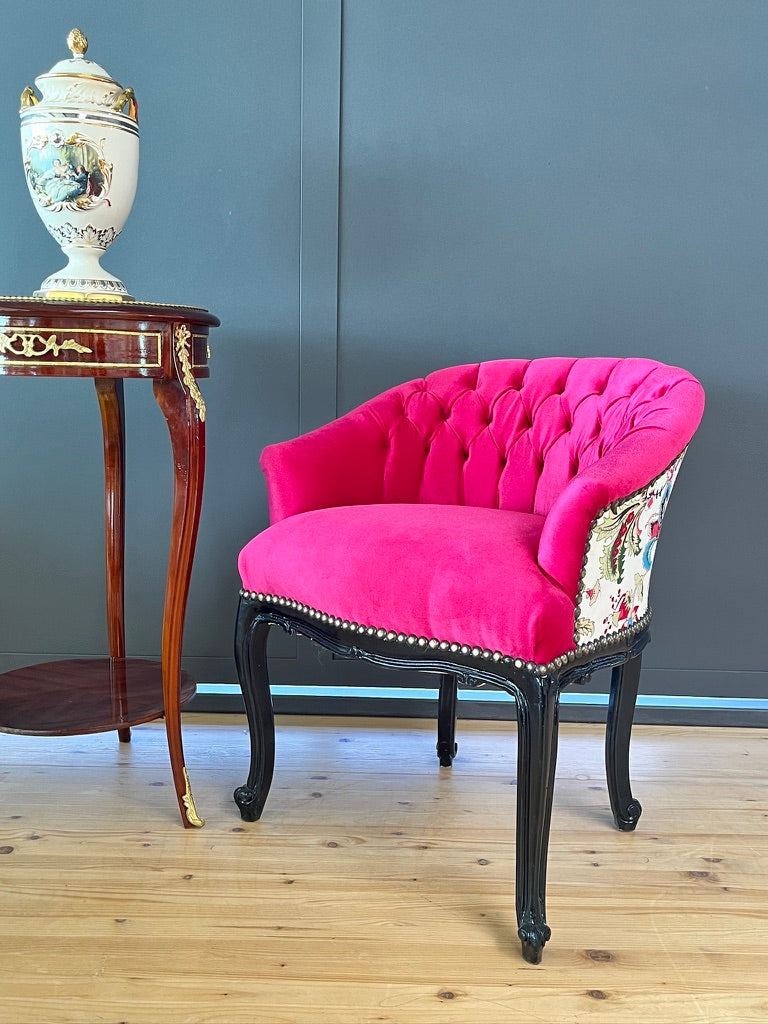 Fuchsia Velvet Cocktail Chair Jungle Print French Accent Armchair Tufted Glam Lounge Chair
