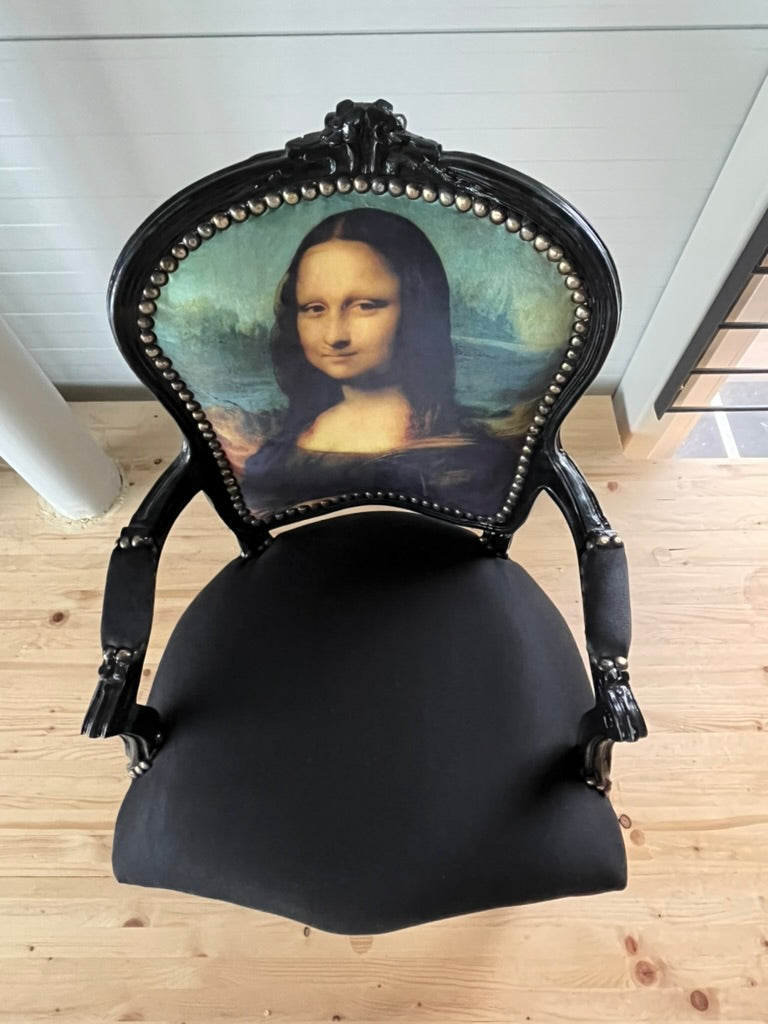 Black Louis XV Baroque armchair by CasAmin Möbel with black and white star-patterned upholstery, elegant and vintage furniture piece.