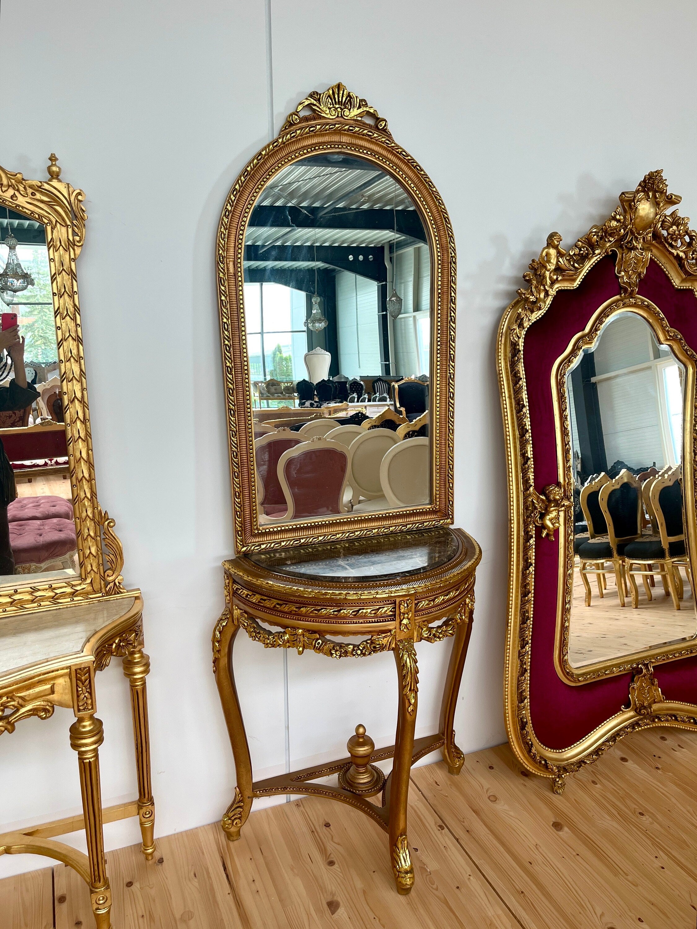 Konsolentisch mit Standspiegel Antik Barock Handarbeit Stil / Console Table with Standing Mirror Antique Baroque Handmade Marble Top