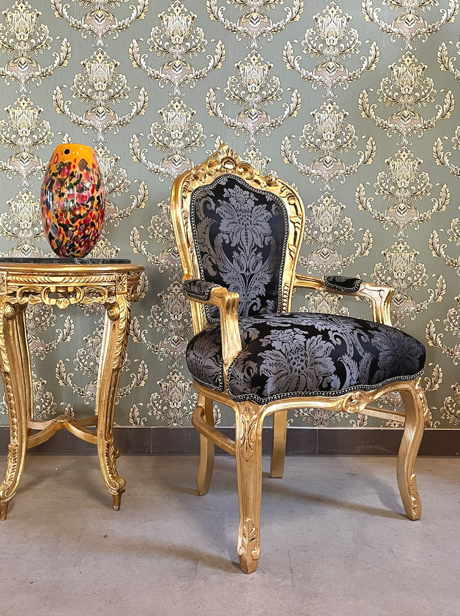 Royal Baroque Accent Chair Black Floral Pattern French Louis Lounge Armchair