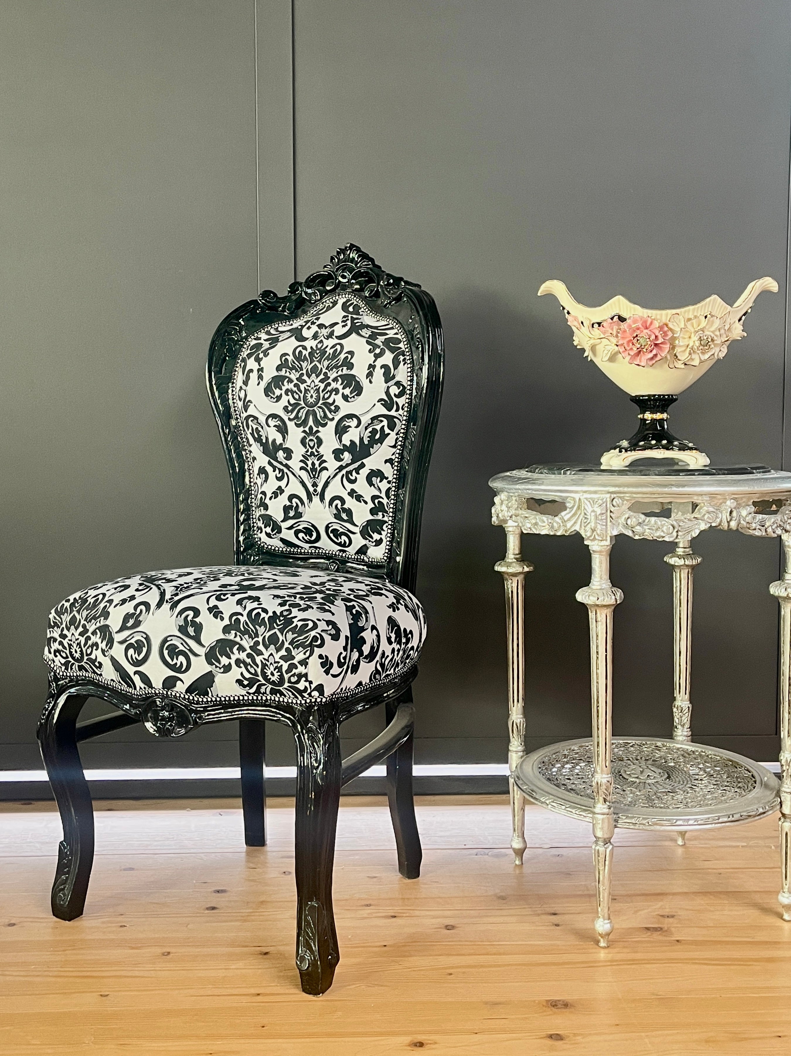 Elegant Baroque Chair French Louis XV Dining Chair Black Floral Pattern Handmade