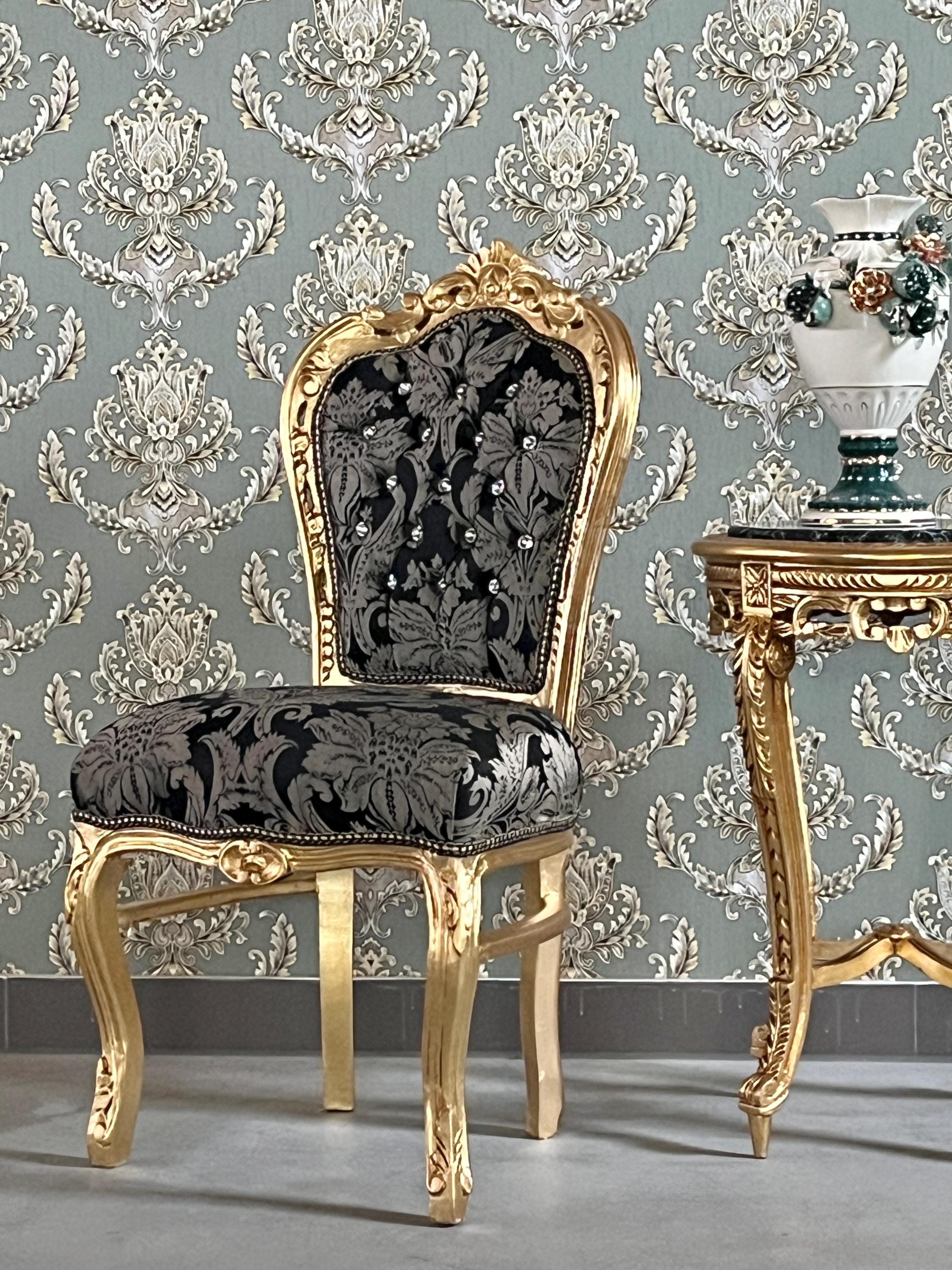 Baroque Accent Chair Black Floral Dining Chair in Gold Finish Retro French Style