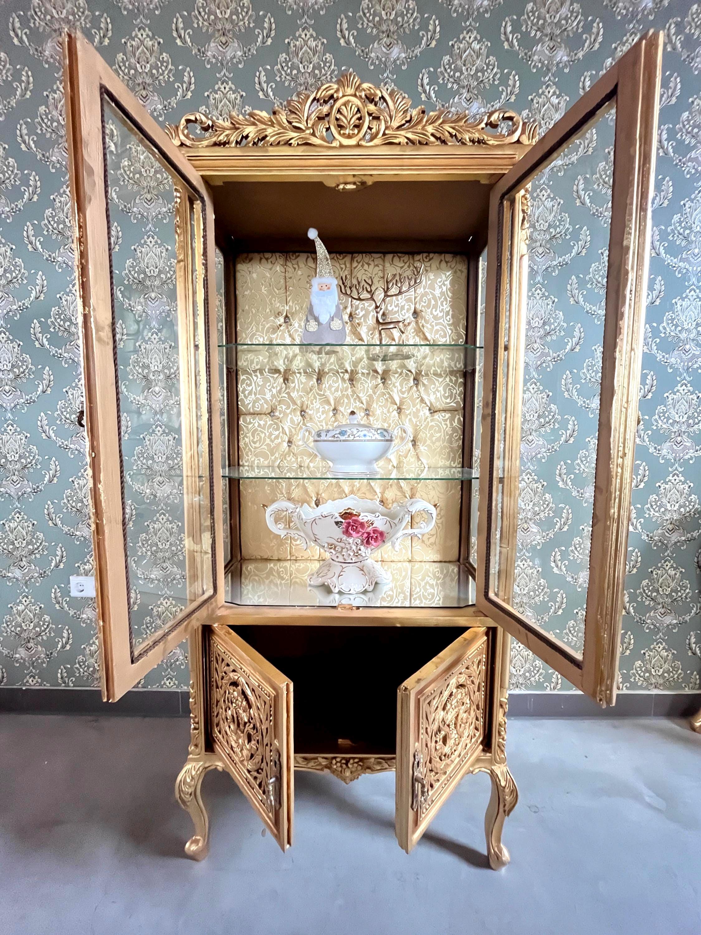 Gold Display Cabinet Retro French Antique Style Showcase in Gold Finish Baroque Rococo Style Glass Cupboard Handmade for Holiday Home Decor