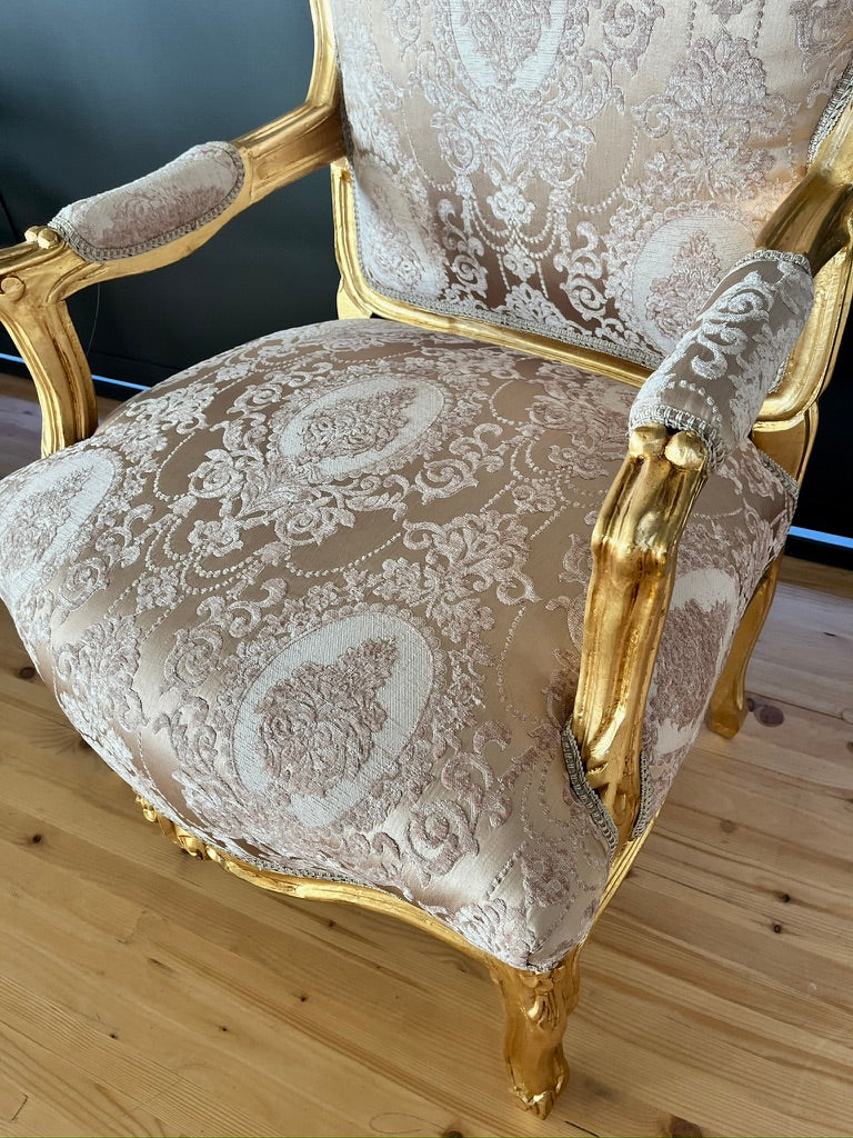 Rococo Louis XV Accent Armchair Black & Gold Floral Damask French Baroque Lounge Chair