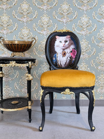 Baroque Accent Chair Yellow Velvet Chair White Cat Print French Funky Furniture