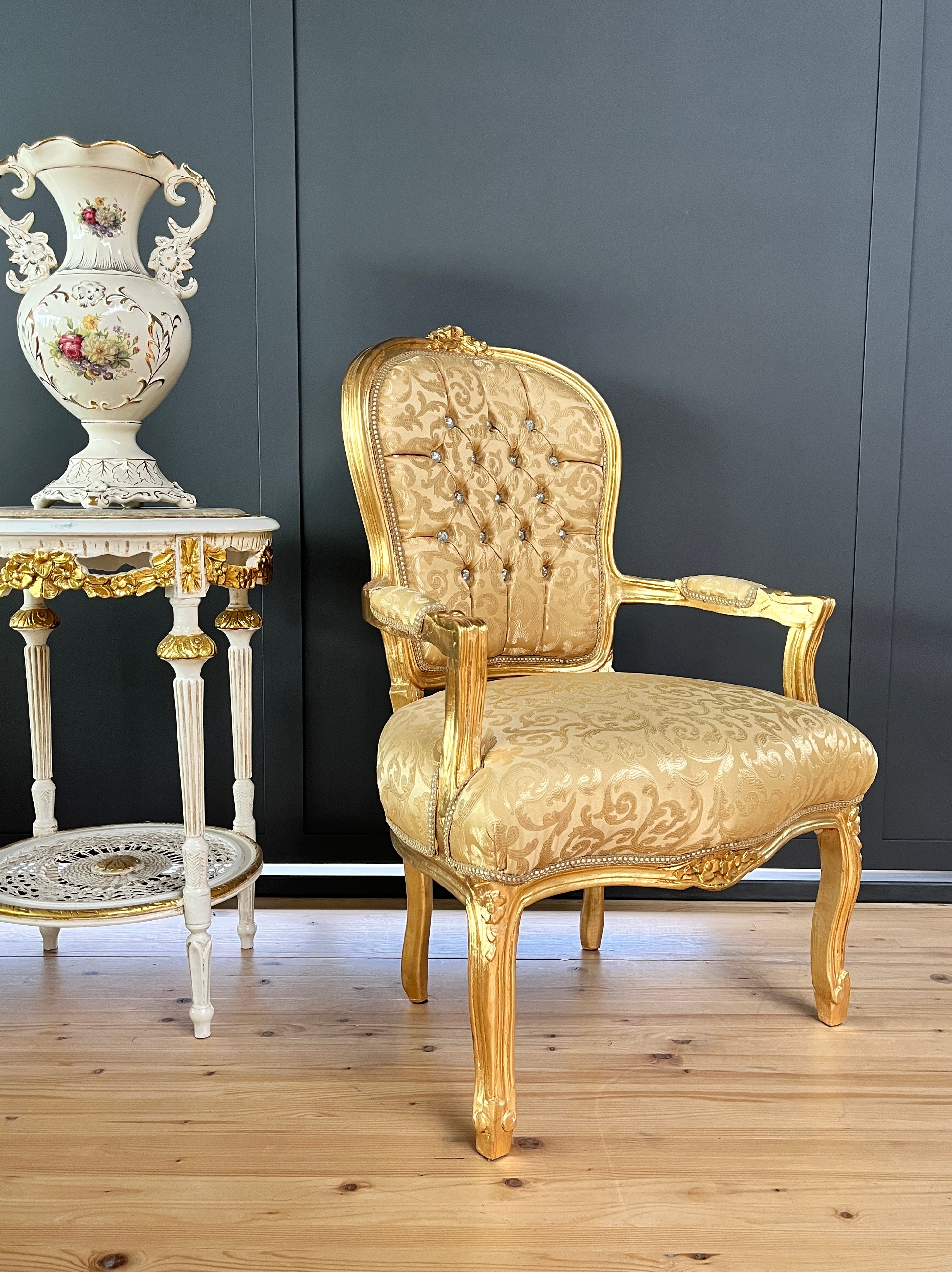 French Baroque Armchair Louis XV Hand Carved Gold Gilded Chair For Holiday Decor