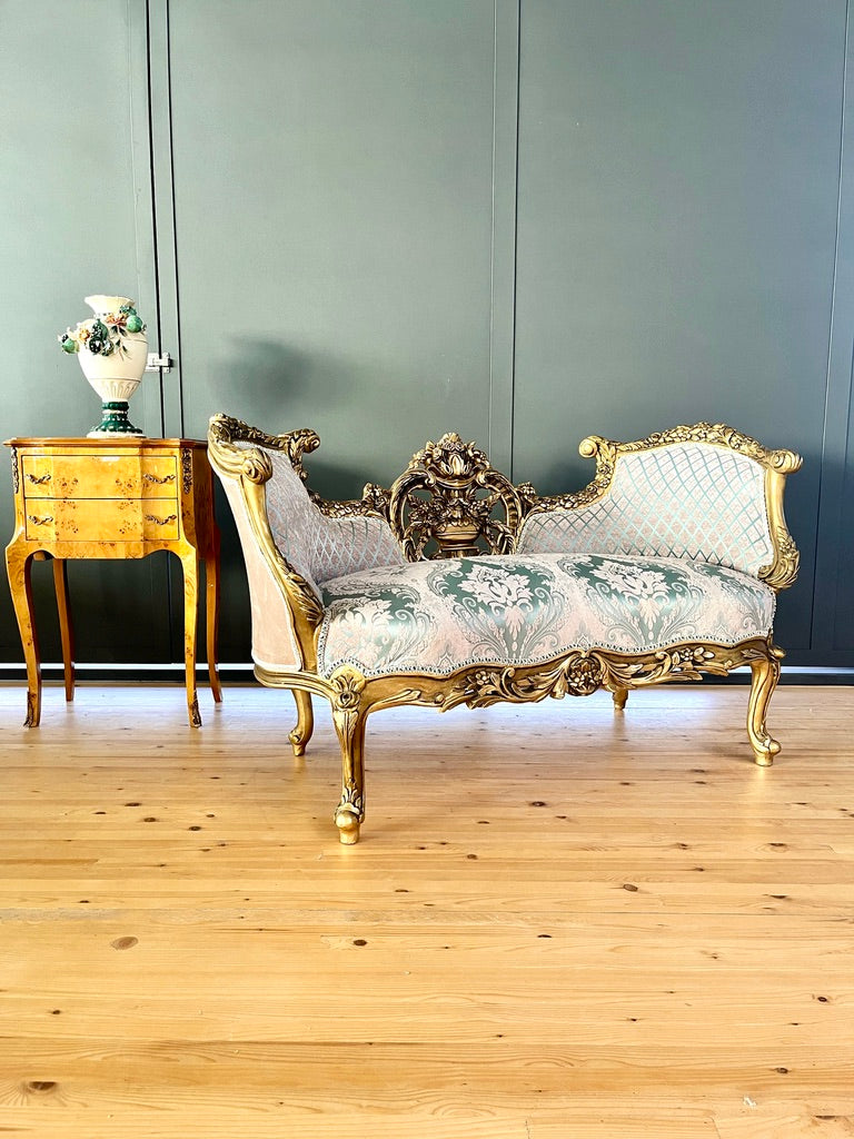 Love Seat Royal Baroque Style Bench Sky Blue Damask Flower Pattern Antique Style Couch in Gold Finish for Housewarming Party Xmas Home Gift