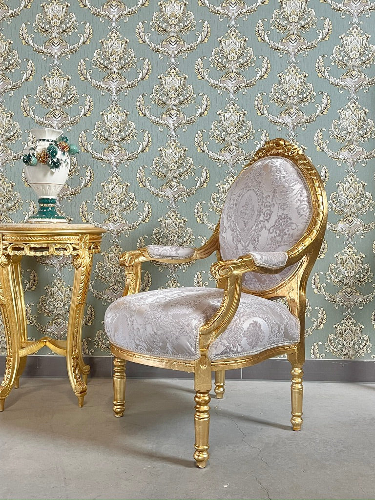 Rococo Armchair & Marble Top Table Set in Beige Floral Baroque Lounge Furniture