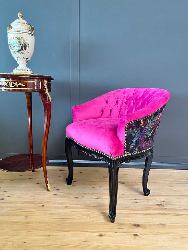 Fuchsia Velvet Cocktail Chair Jungle Print French Accent Armchair Tufted Glam Lounge Chair