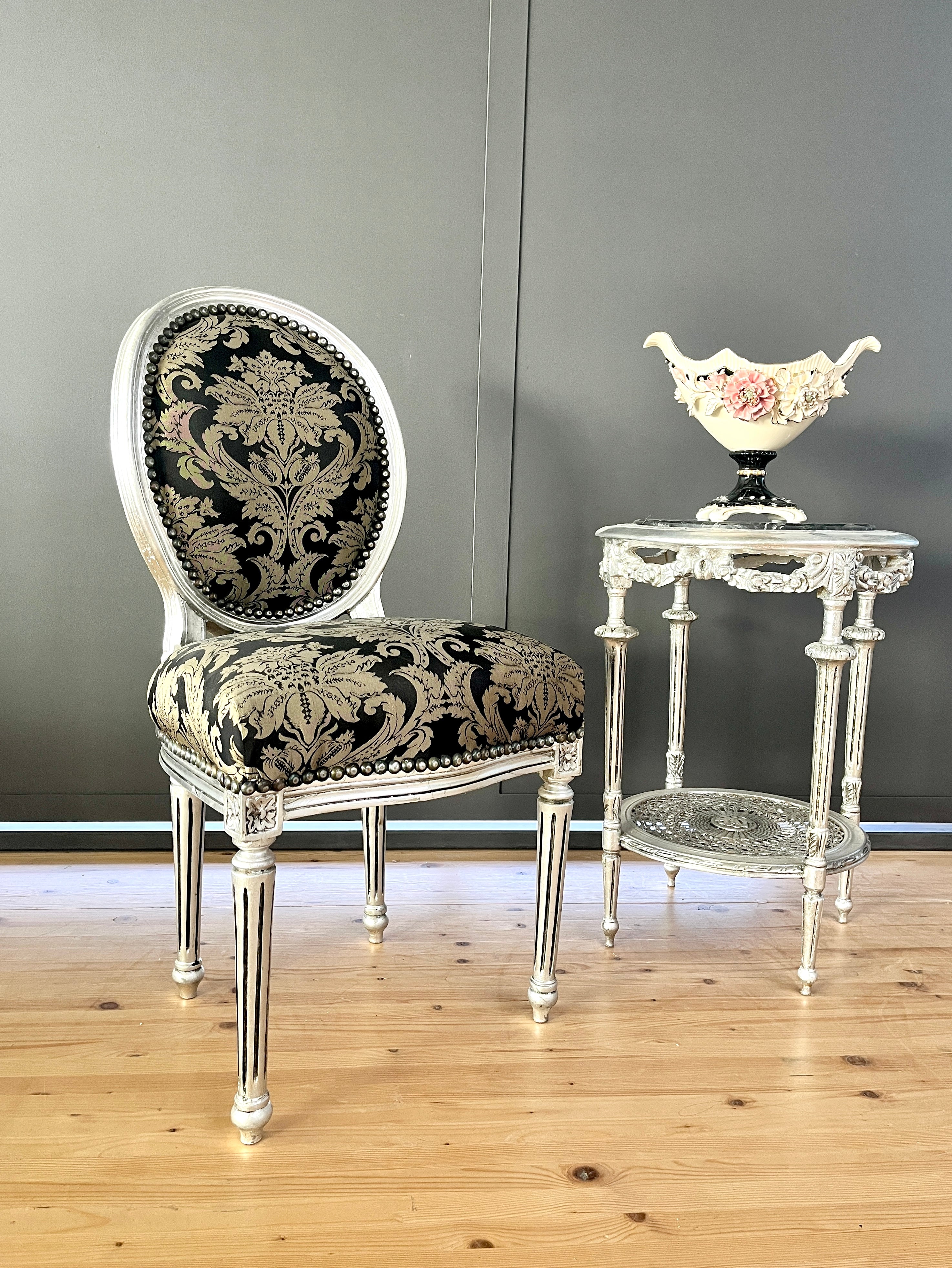 Baroque Accent Chair Silver Gilded Black Floral Dining Chair Classic French Furniture