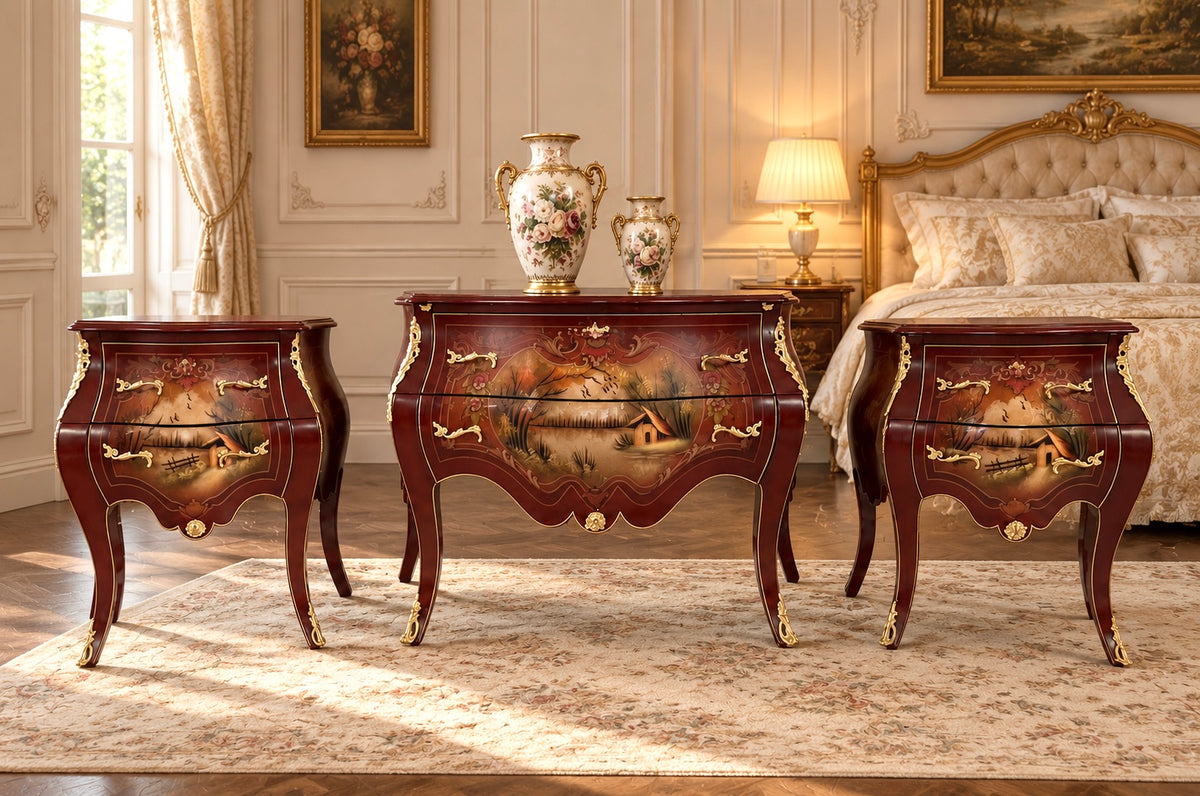 Hand-painted French Baroque dresser and nightstand set by CasAmin Möbel, ornate bedroom furniture with detailed craftsmanship.