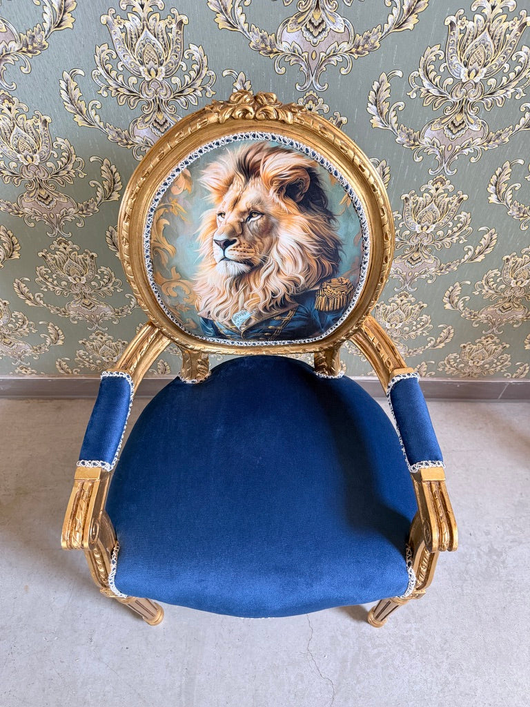 Royal Accent Armchair Baroque Funky Chair Blue Velvet Lion King Print Luxury Furniture