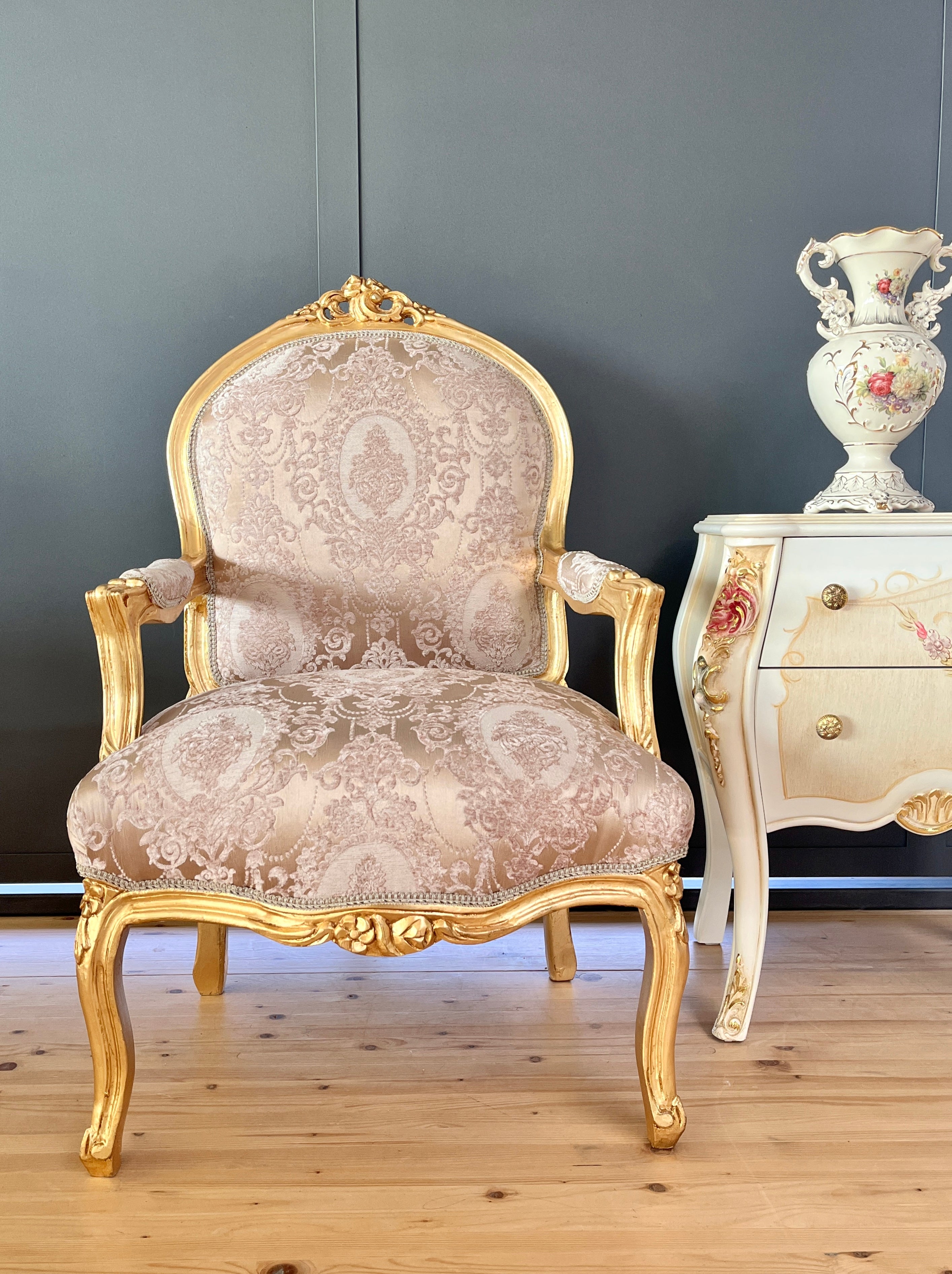 Rococo Louis XV Accent Armchair Black & Gold Floral Damask French Baroque Lounge Chair