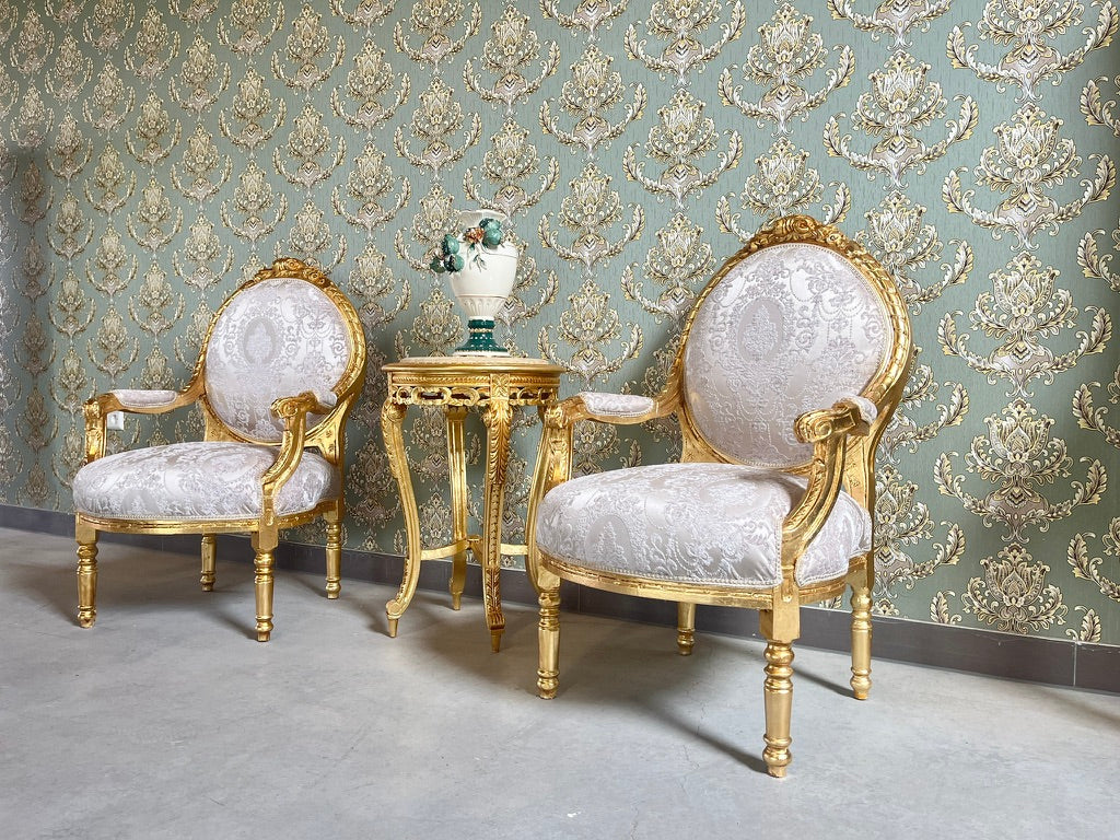 Rococo Armchair & Marble Top Table Set in Beige Floral Baroque Lounge Furniture