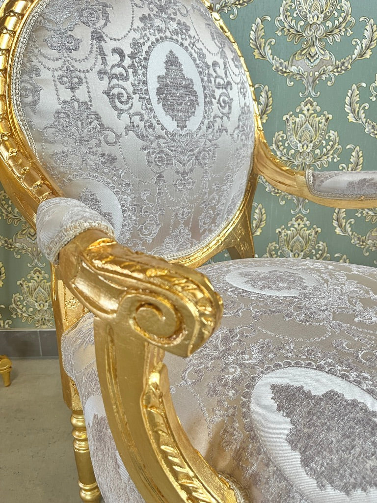 Rococo Armchair & Marble Top Table Set in Beige Floral Baroque Lounge Furniture