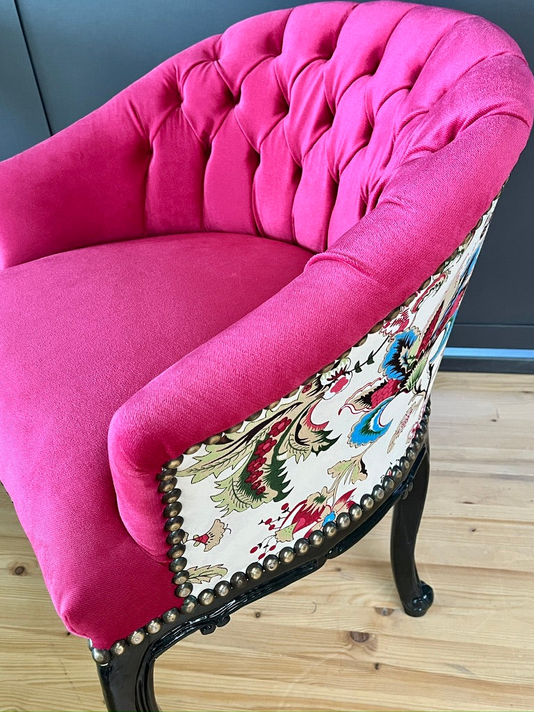 Fuchsia Velvet Cocktail Chair Jungle Print French Accent Armchair Tufted Glam Lounge Chair