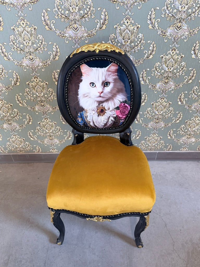 Baroque Accent Chair Yellow Velvet Chair White Cat Print French Funky Furniture