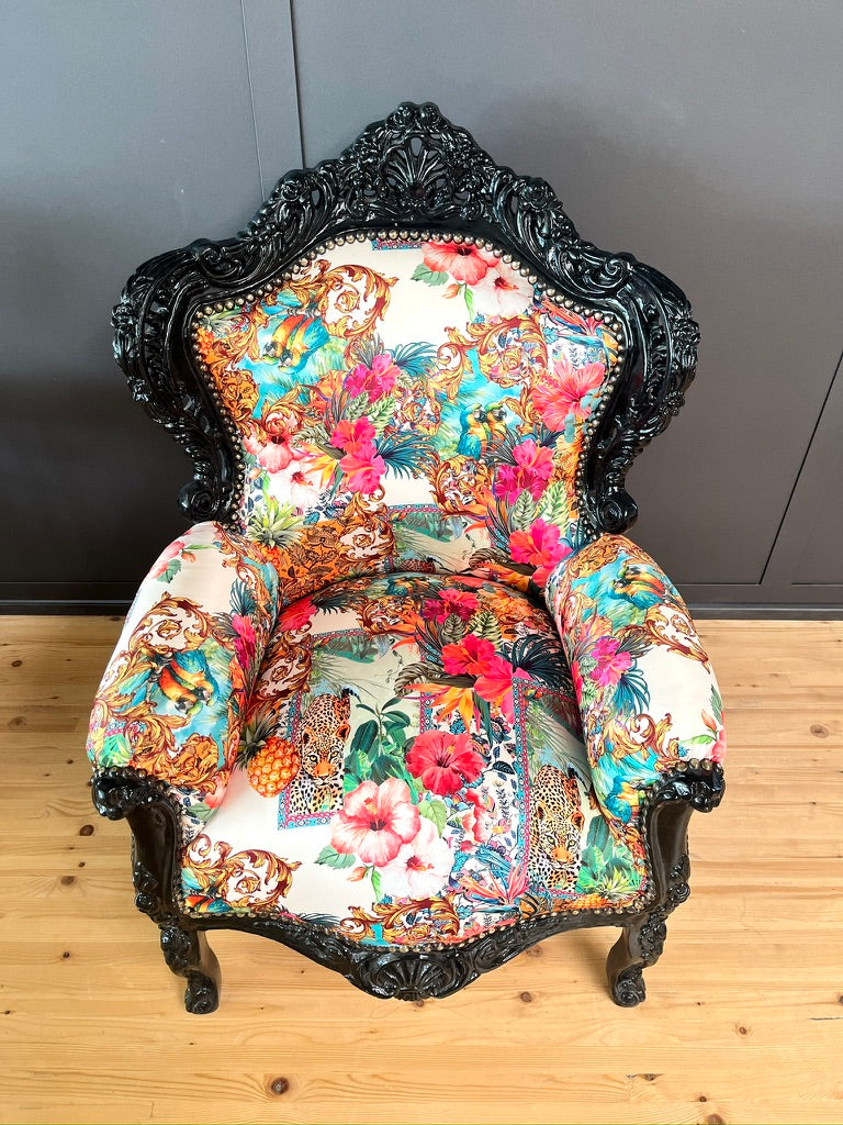 Stylish Baroque Armchair Chic Floral Print Italian Rococo Accent Lounge Chair