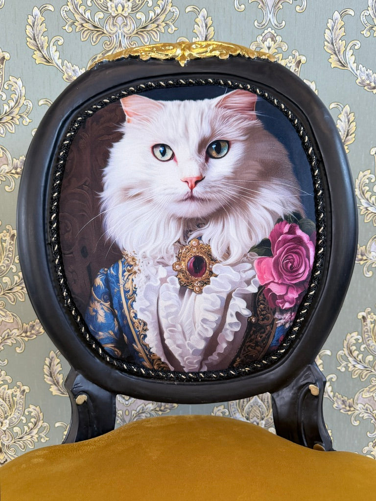 Baroque Accent Chair Yellow Velvet Chair White Cat Print French Funky Furniture