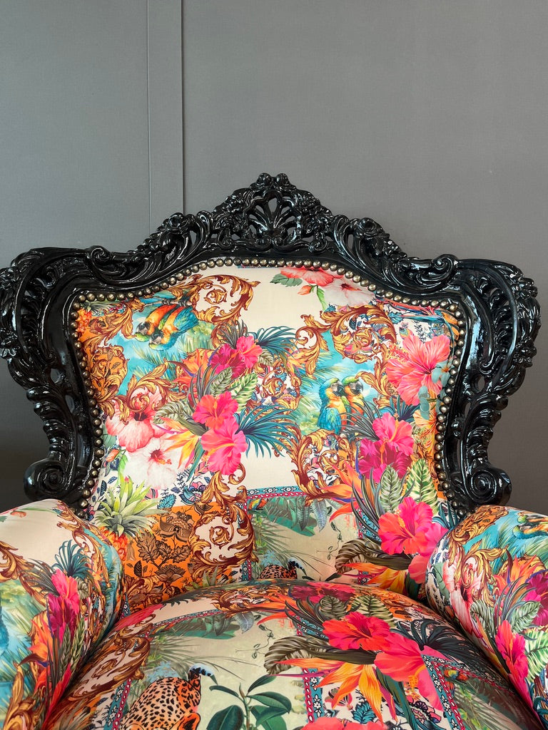 Stylish Baroque Armchair Chic Floral Print Italian Rococo Accent Lounge Chair