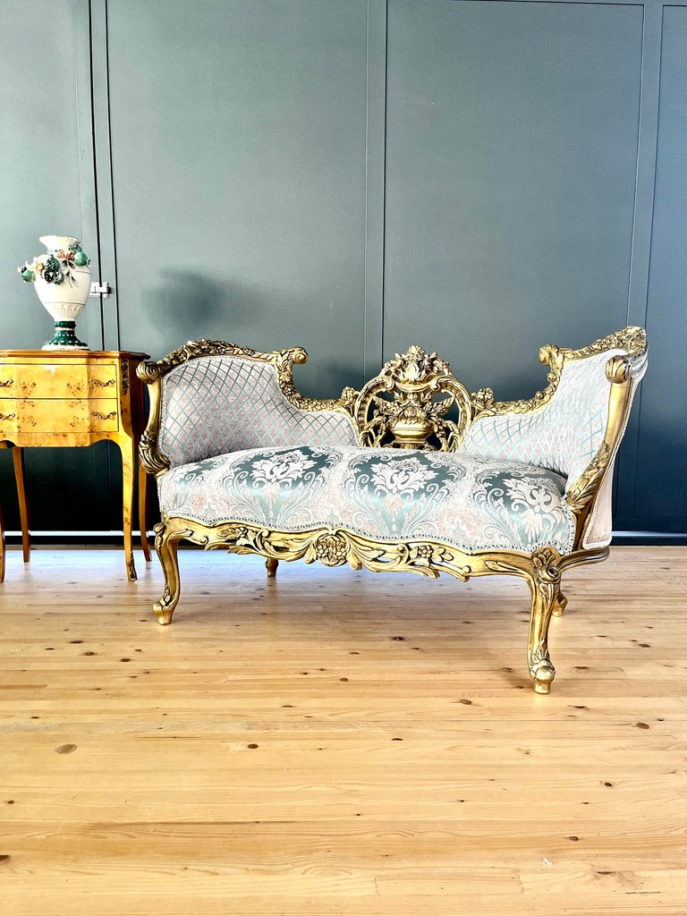 Love Seat Royal Baroque Style Bench Sky Blue Damask Flower Pattern Antique Style Couch in Gold Finish for Housewarming Party Xmas Home Gift