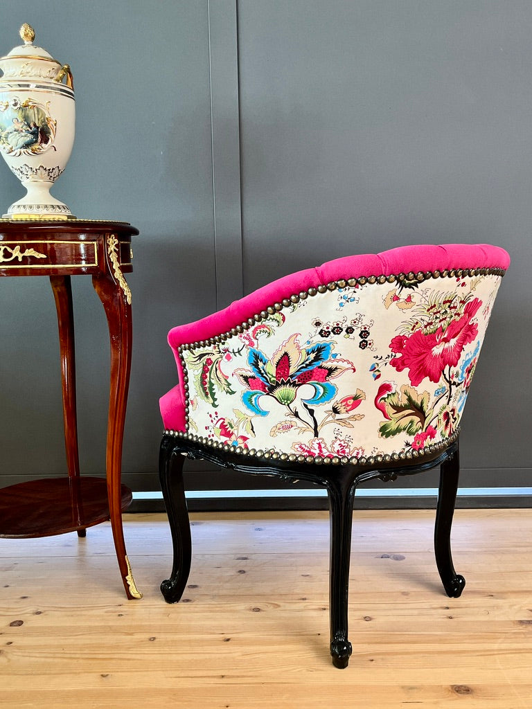 Fuchsia Velvet Cocktail Chair Jungle Print French Accent Armchair Tufted Glam Lounge Chair