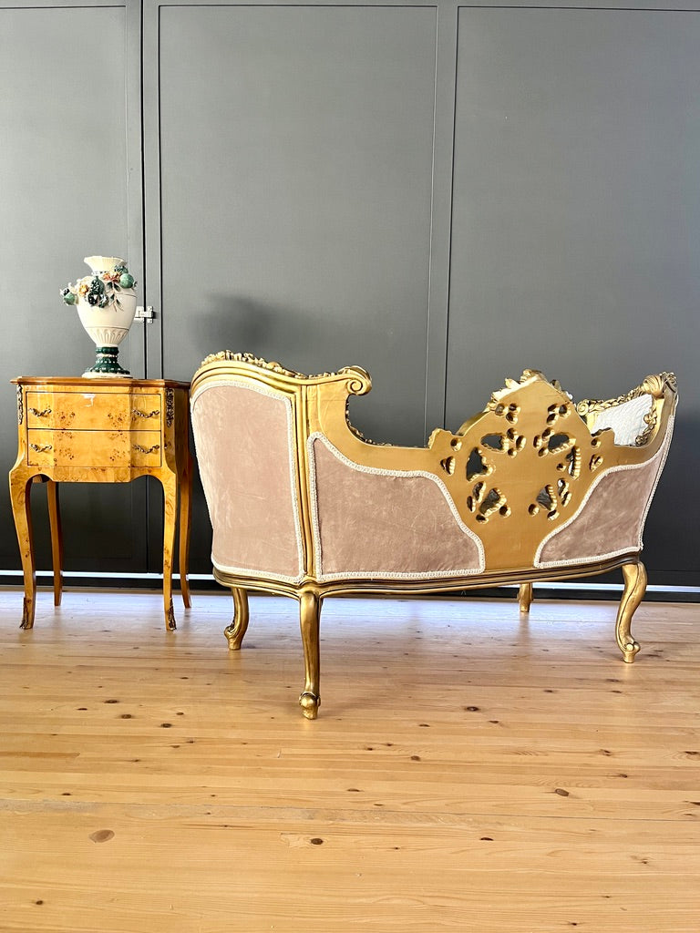 Love Seat Royal Baroque Style Bench Sky Blue Damask Flower Pattern Antique Style Couch in Gold Finish for Housewarming Party Xmas Home Gift