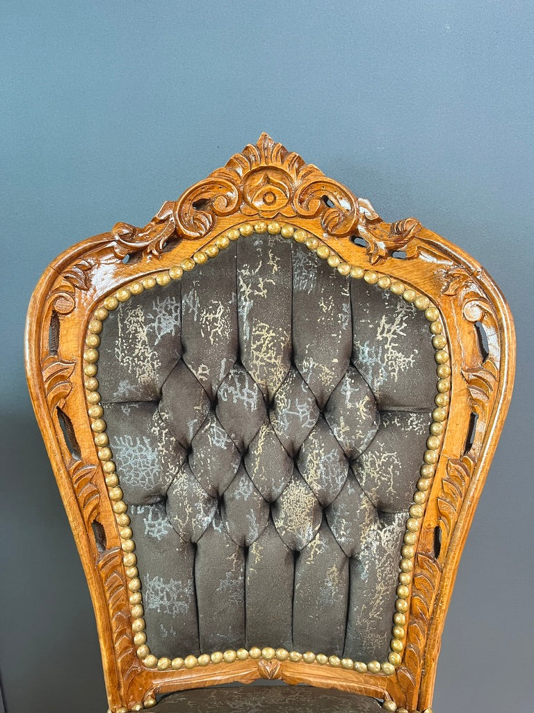 French Louis XV Baroque accent chair in midnight black velvet with handcrafted beech wood frame, elegant and ornate design.