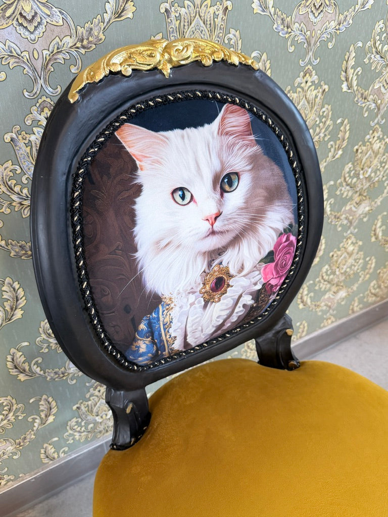 Baroque Accent Chair Yellow Velvet Chair White Cat Print French Funky Furniture