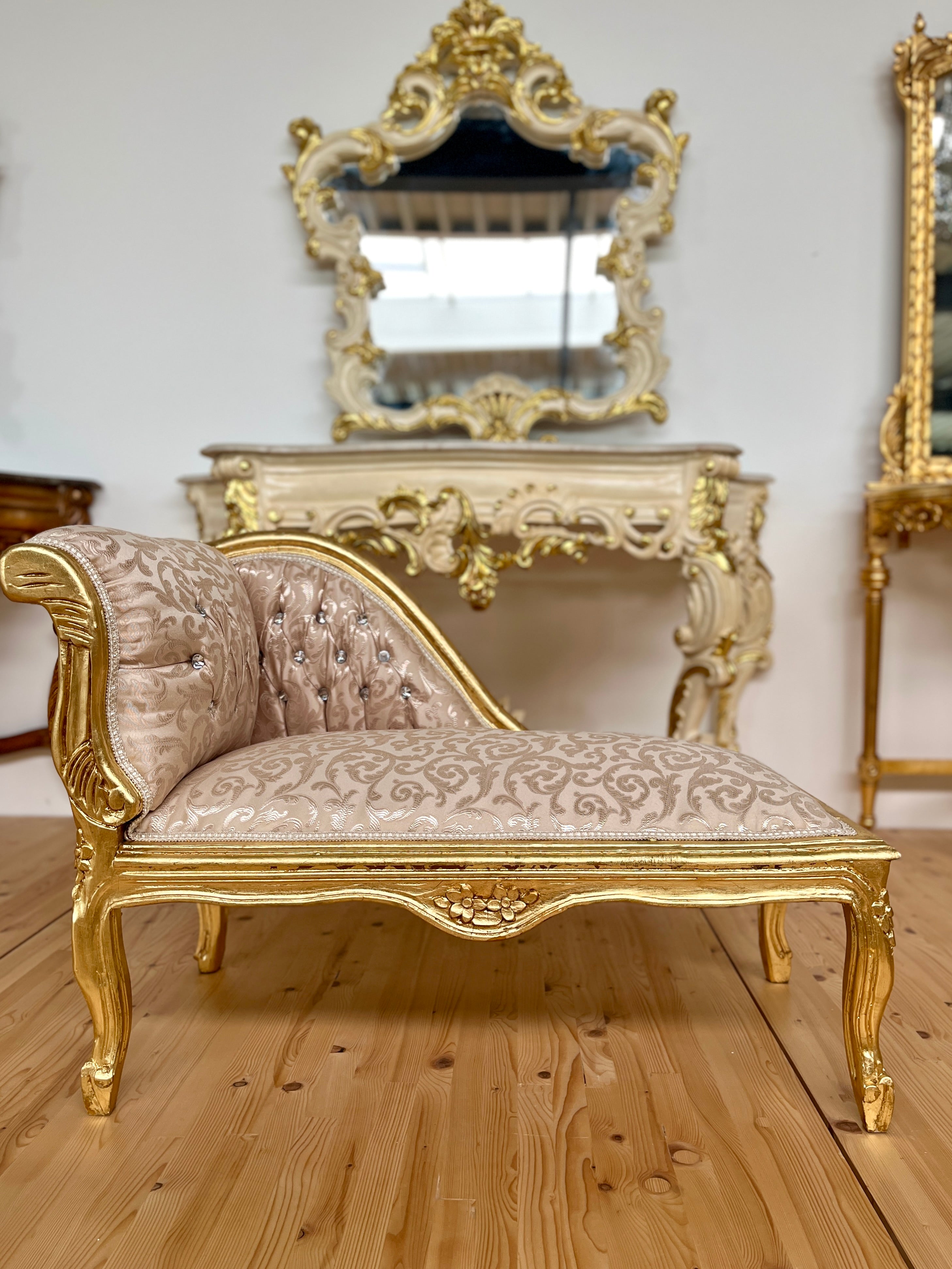 Ivory floral patterned Rococo accent French style small chaise lounge ottoman by CasAmin Möbel, showcasing elegant furniture design.