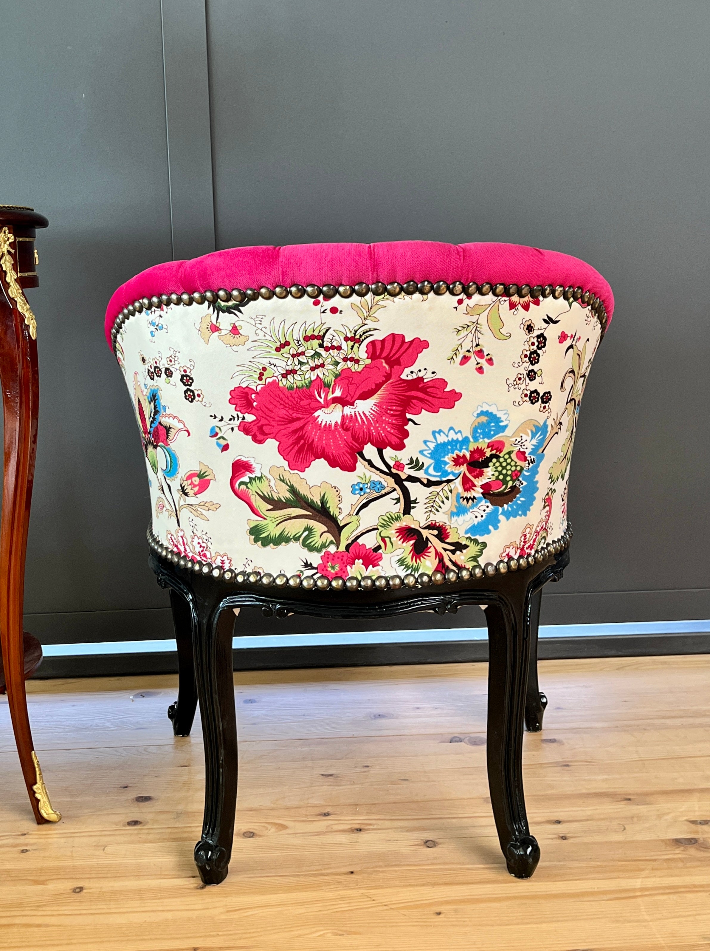 Fuchsia Velvet Cocktail Chair Jungle Print French Accent Armchair Tufted Glam Lounge Chair
