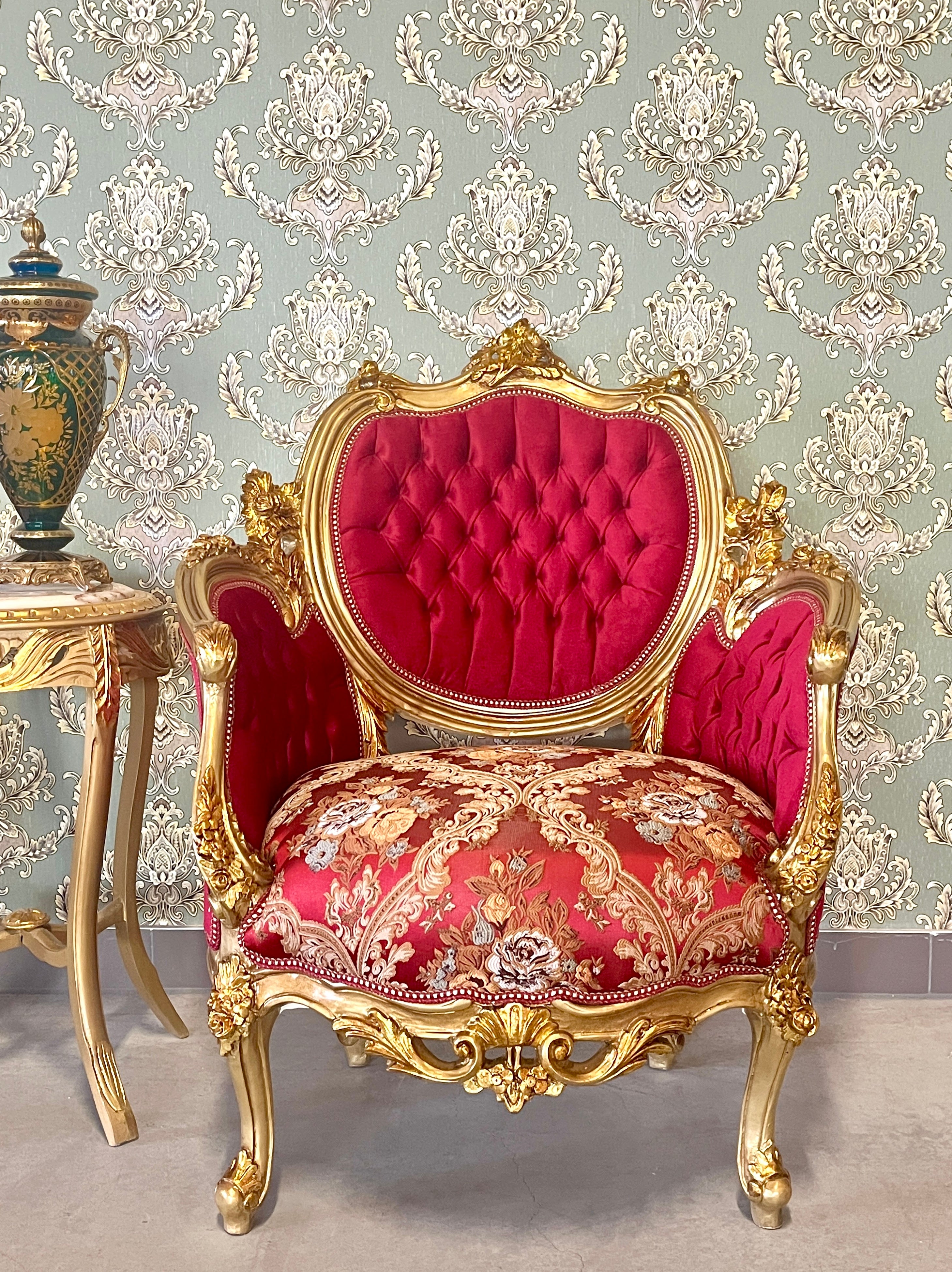 Royal Accent Armchair Bordeaux Red Damask Lounge Chair Luxury Handcrafted Furniture