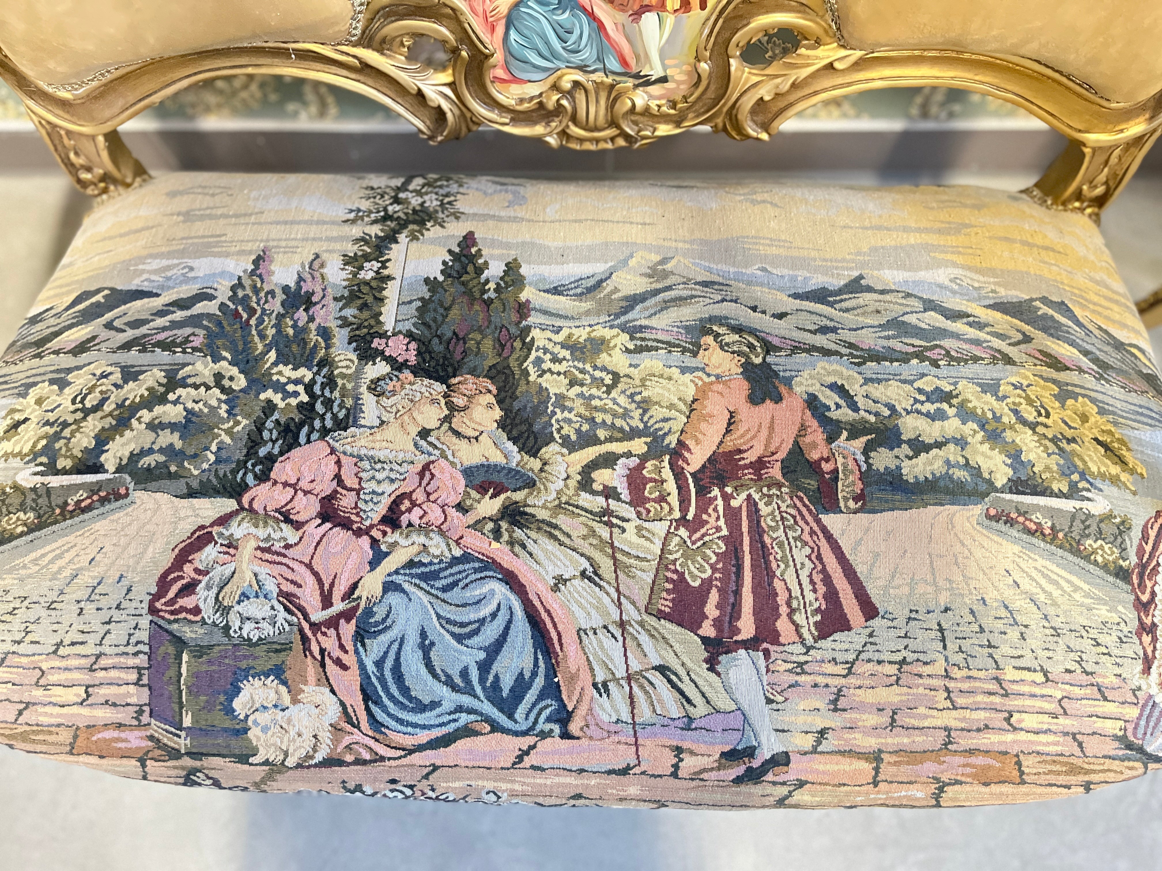 Divanetto a 2 posti in velluto beige, stile barocco, con motivo paesaggistico di palazzo