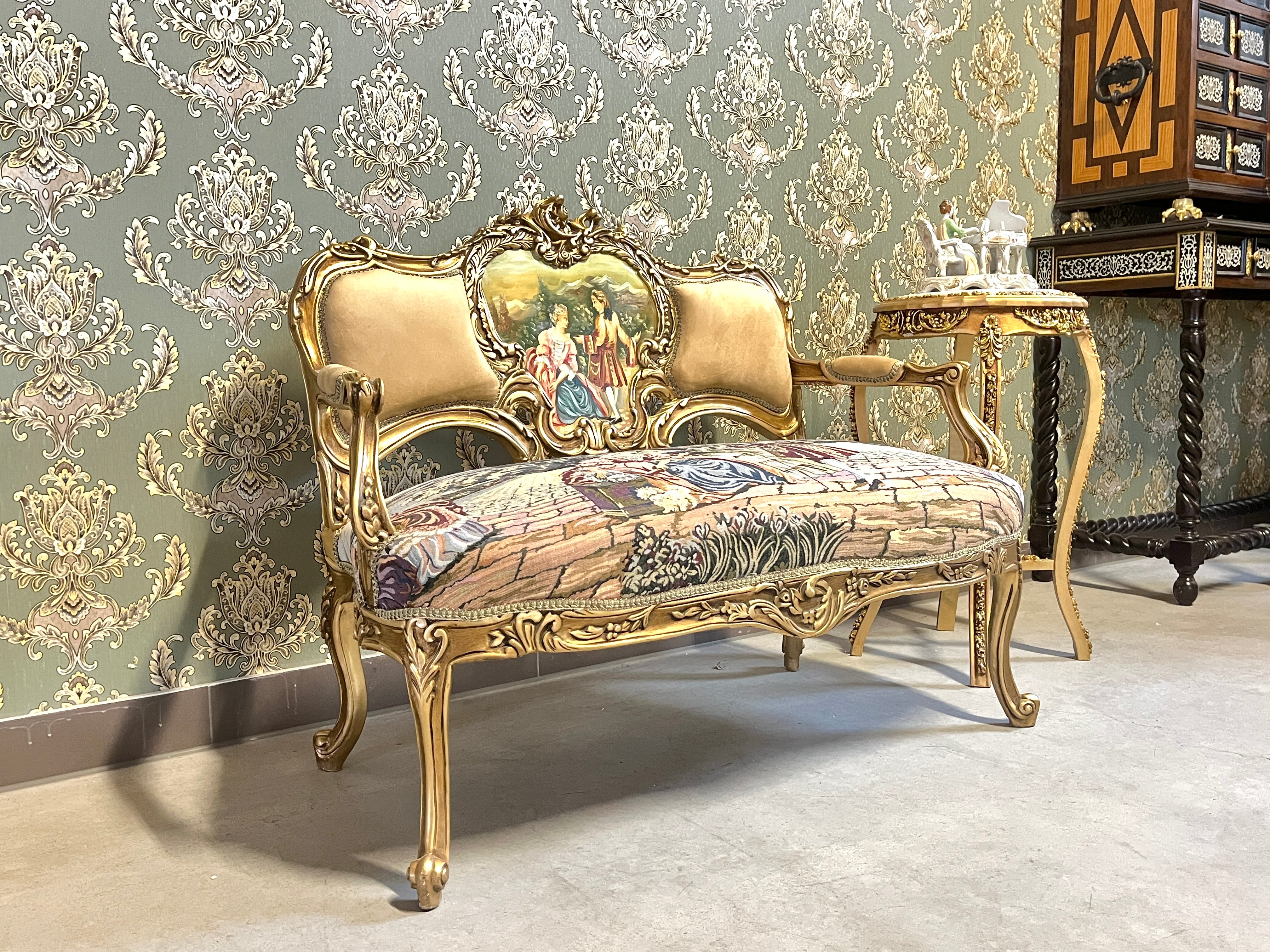 Divanetto a 2 posti in velluto beige, stile barocco, con motivo paesaggistico di palazzo