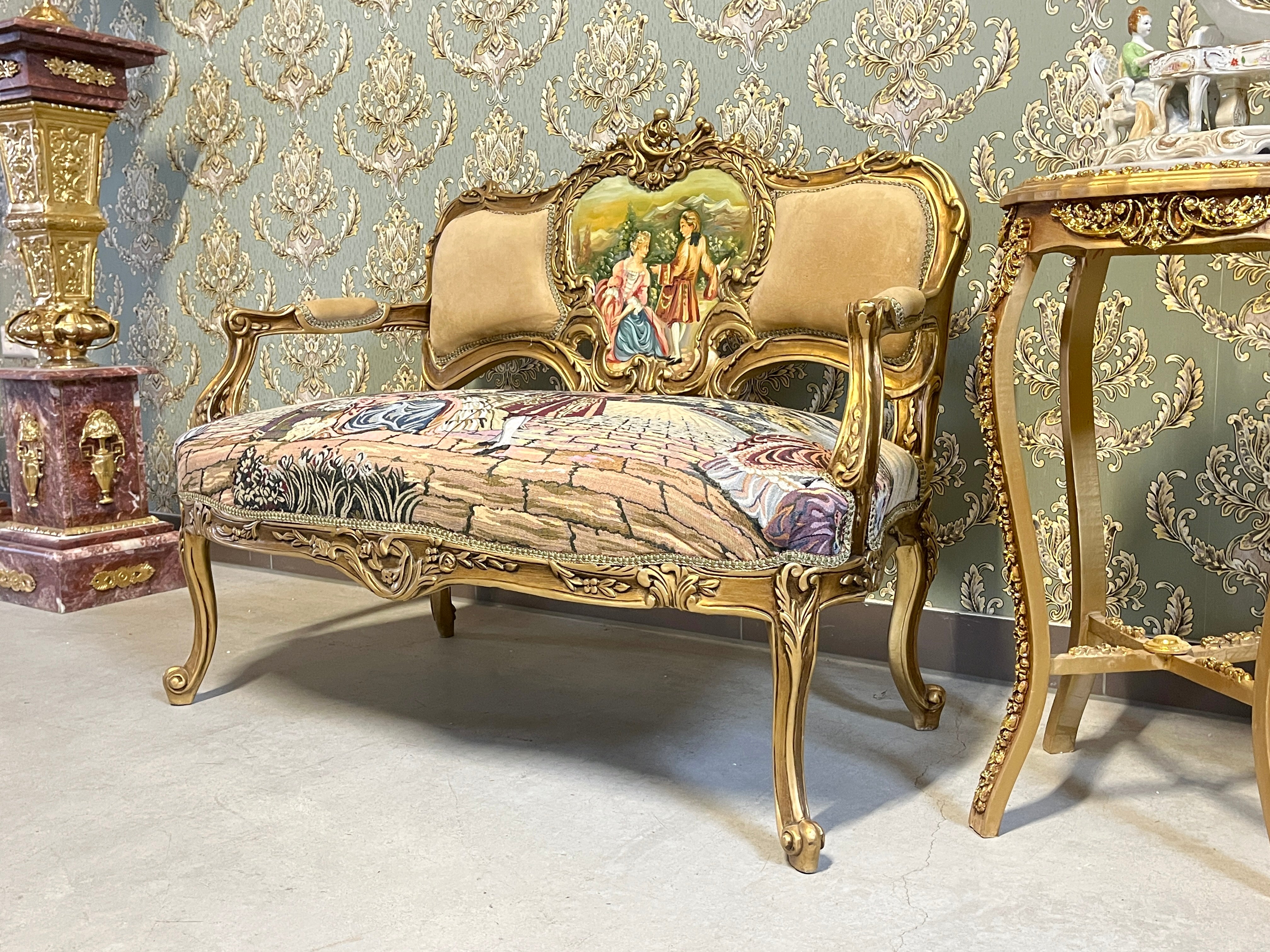 Divanetto a 2 posti in velluto beige, stile barocco, con motivo paesaggistico di palazzo