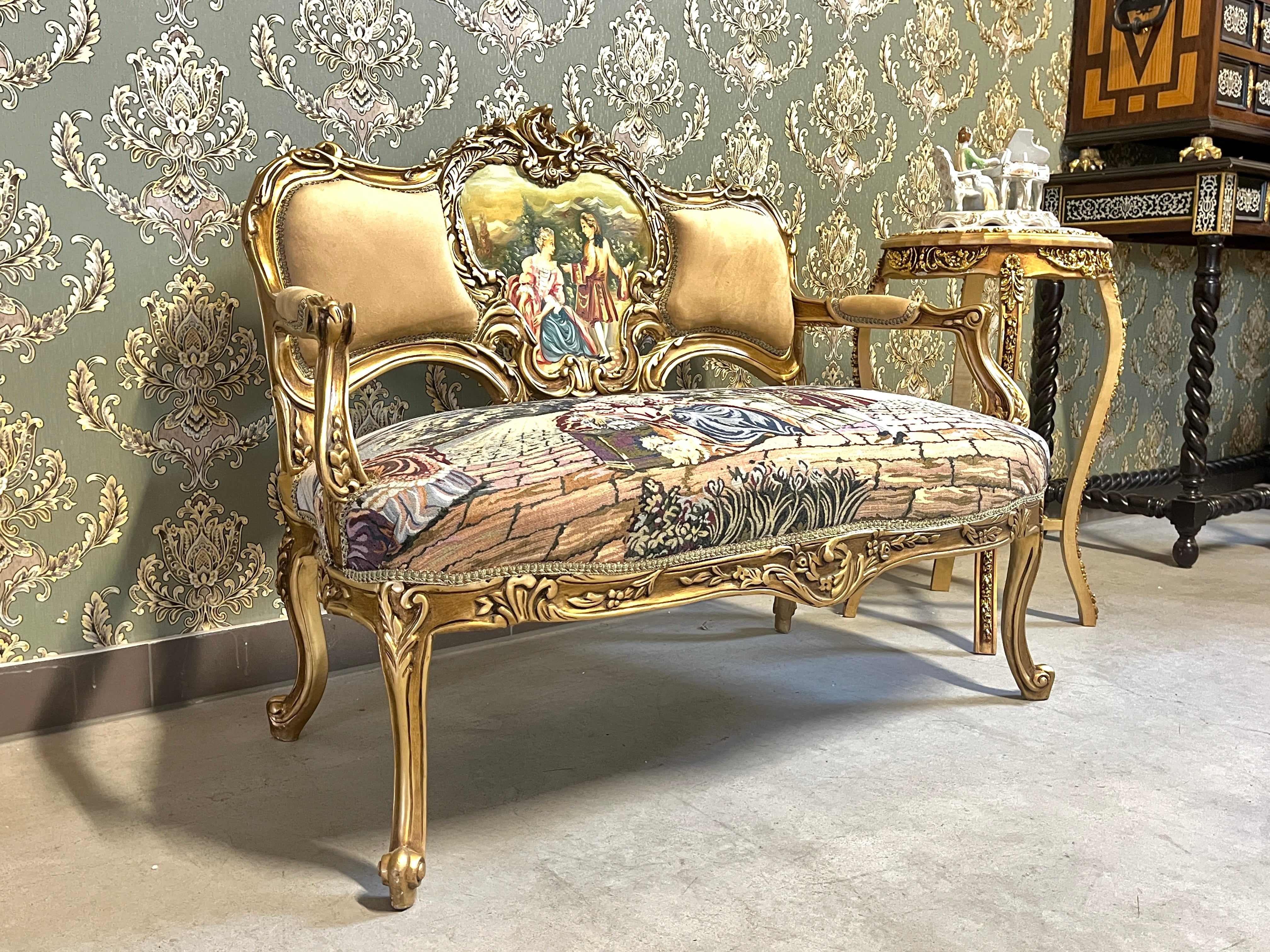 Divanetto a 2 posti in velluto beige, stile barocco, con motivo paesaggistico di palazzo