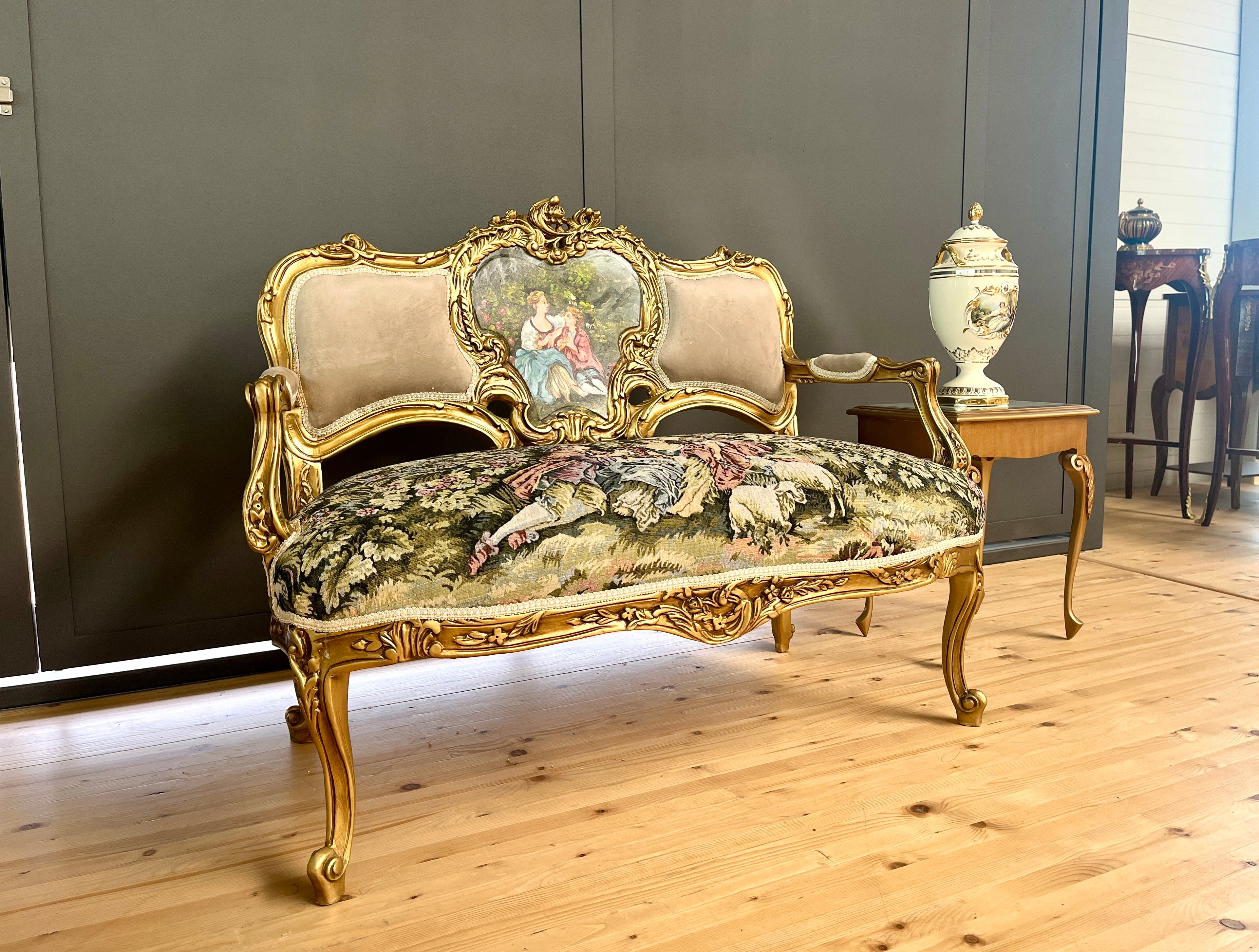 Divanetto a 2 posti in velluto beige, stile barocco, con motivo paesaggistico di palazzo