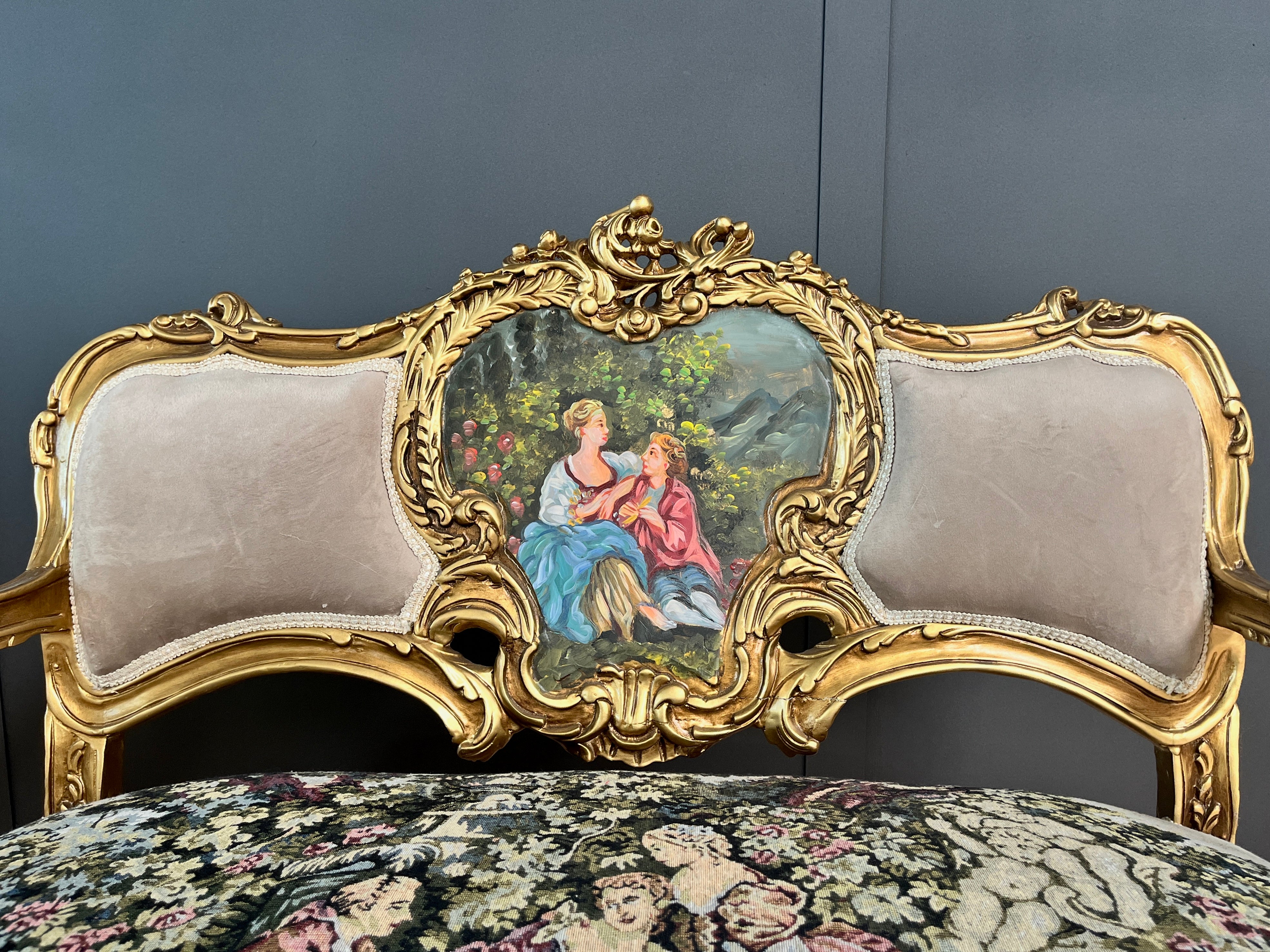 Divanetto a 2 posti in velluto beige, stile barocco, con motivo paesaggistico di palazzo