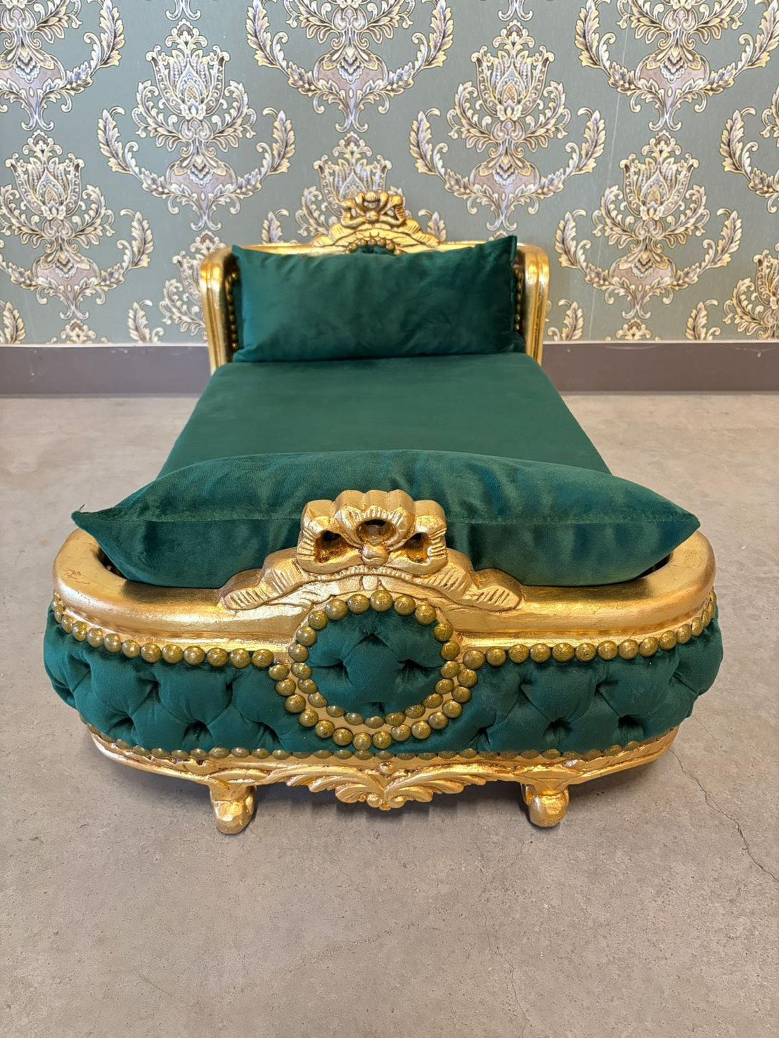 Hot pink velvet Louis Baroque pet bed by CasAmin Möbel featuring ornate wooden furniture-style design for dogs and cats.