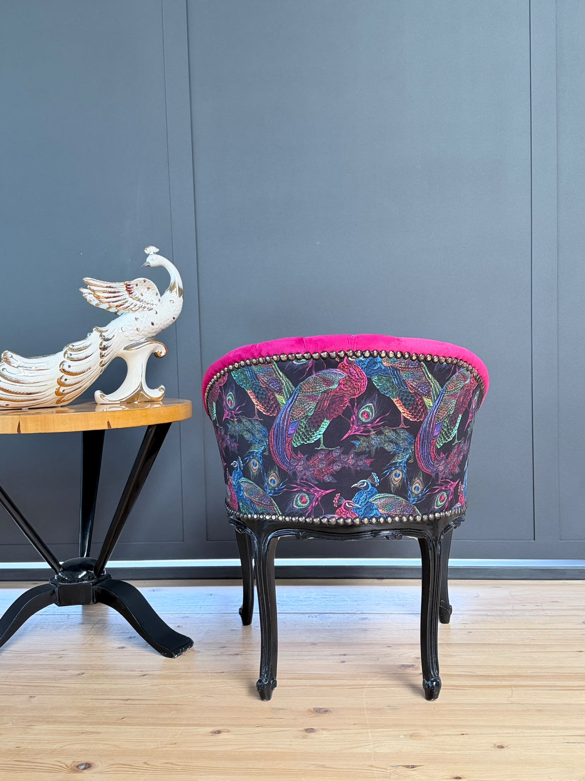 Fuchsia velvet cocktail lounge chair with jungle print fabric, tufted French accent armchair by CasAmin Möbel.