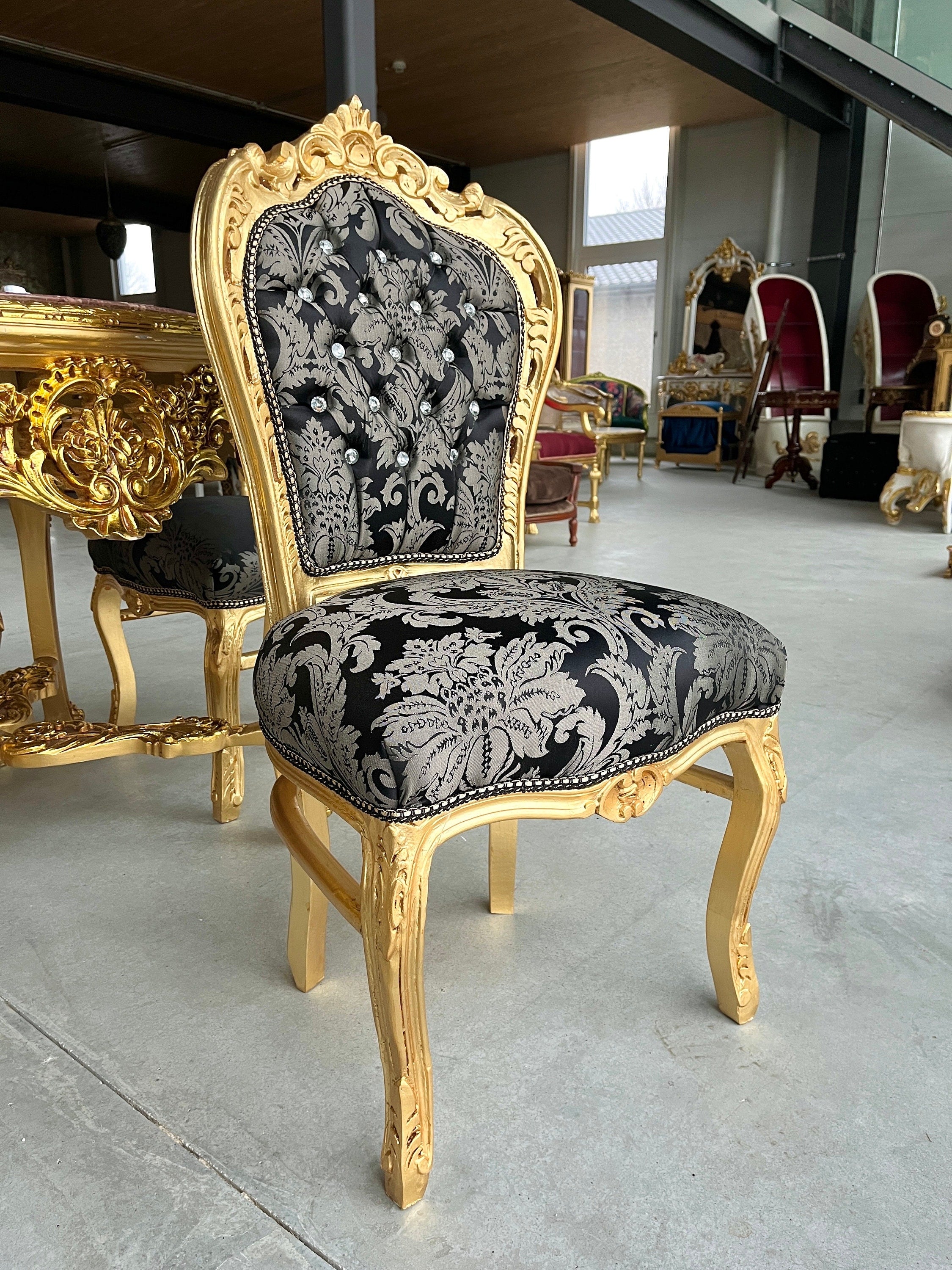 Baroque Accent Chair Black Floral Dining Chair in Gold Finish Retro French Style